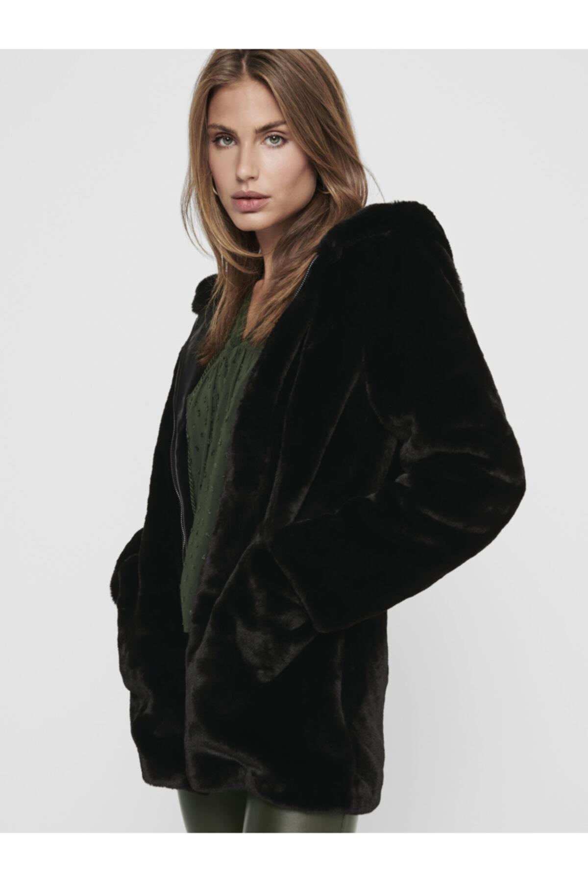 Only Kadın Fermuarlı Kapüşonlu Uzun Peluş Kürk 15205622 ONLMALOU - Only - 152005622