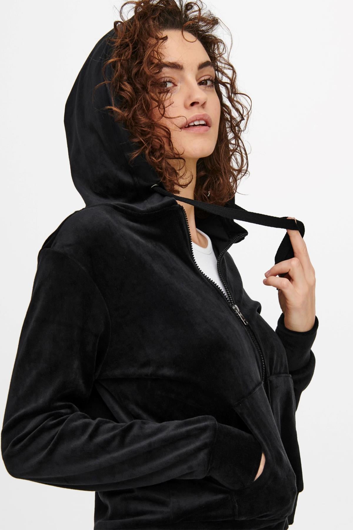 Only Kadın Kadife Fermuarlı Kapüşonlu Sweatshirt ZIP hood -  15252233 - Only - 15252233