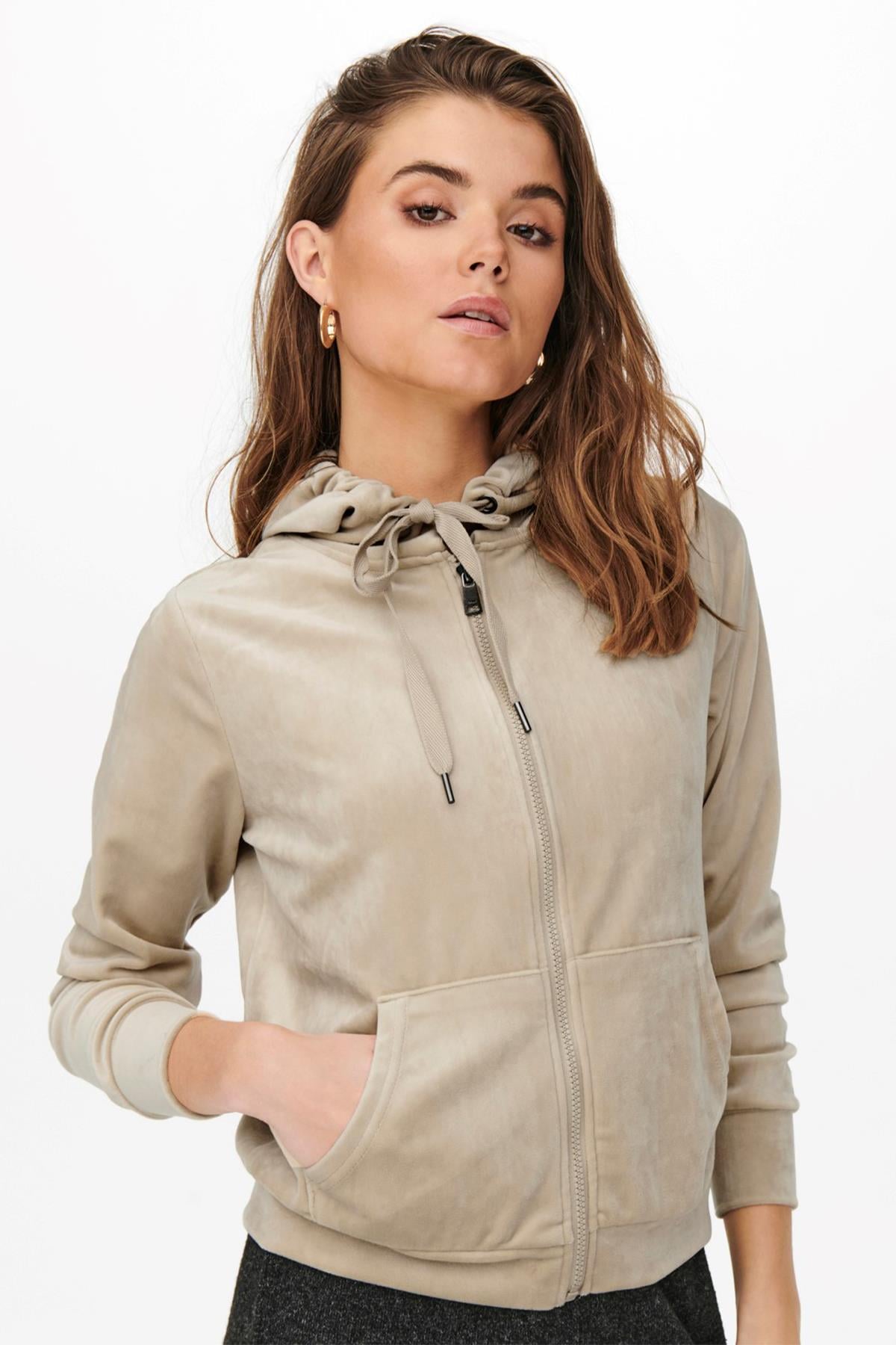 Only Kadın Kadife Fermuarlı Kapüşonlu Sweatshirt ZIP hood -  15252233 - Only - 15252233