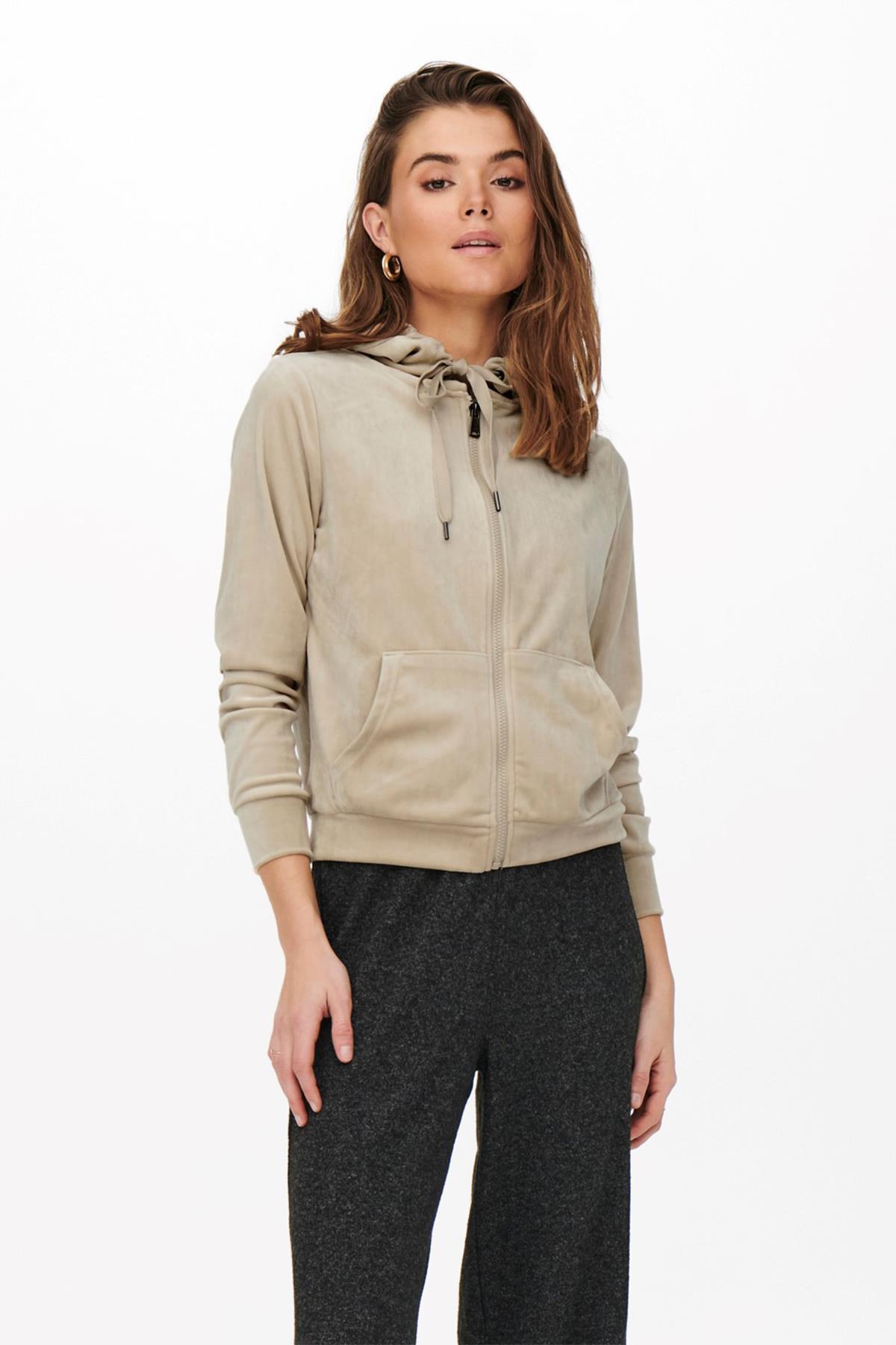 Only Kadın Kadife Fermuarlı Kapüşonlu Sweatshirt ZIP hood -  15252233 - Only - 15252233
