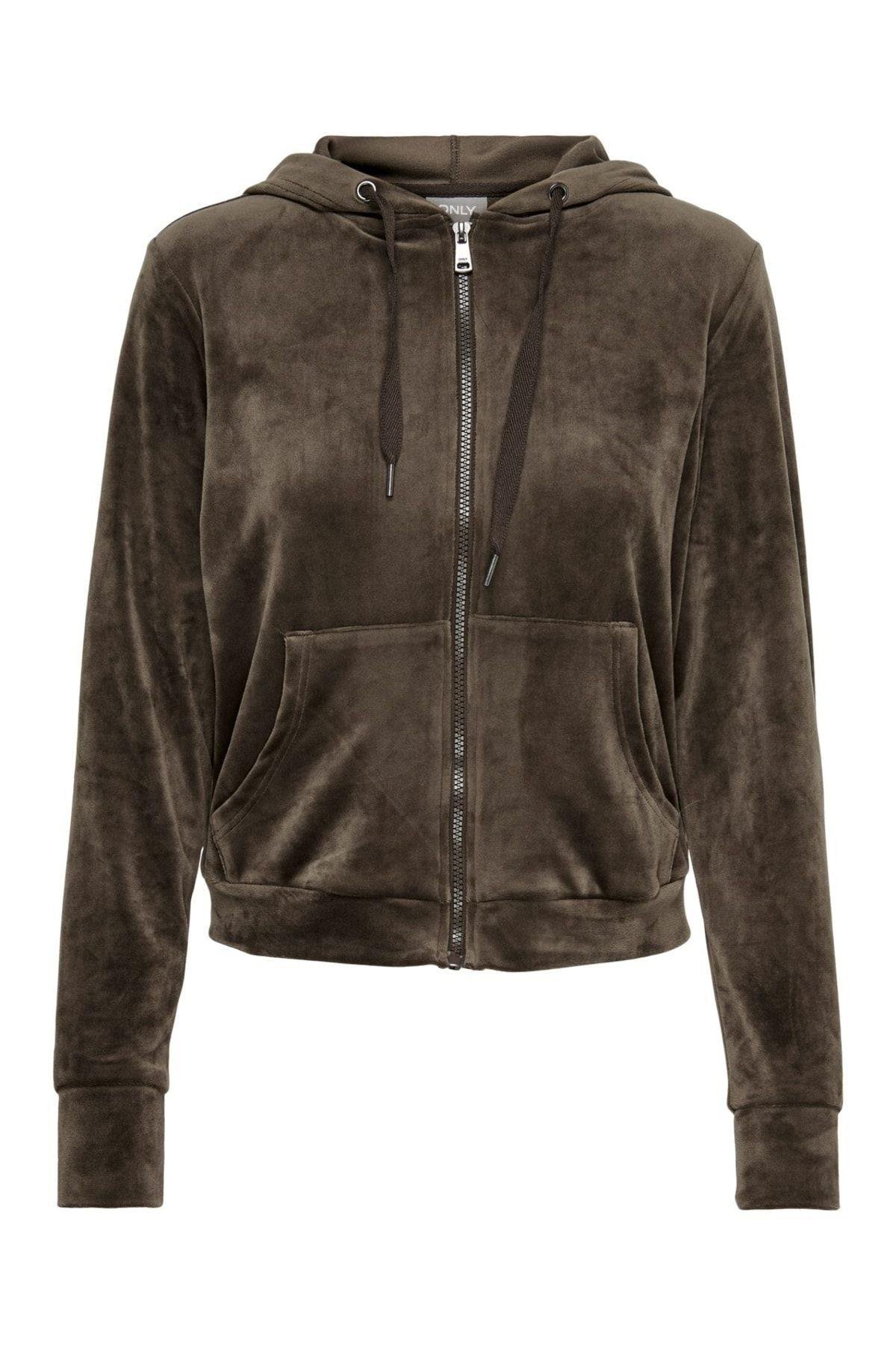 Only Kadın Kadife Kapüşonlu Fermuarlı Sweatshirt - 15241328 - Only - 15241328-1
