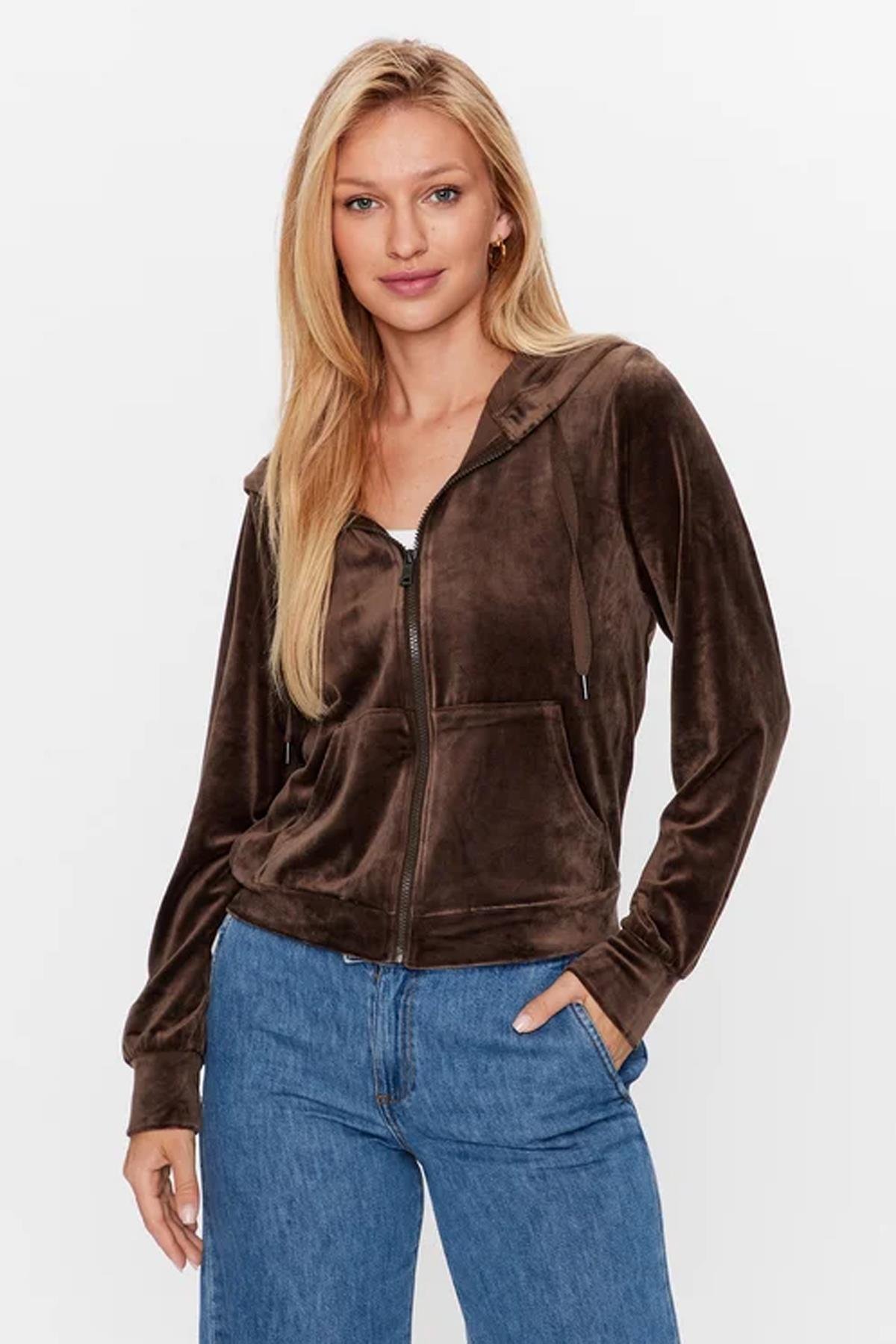 Only Kadın Kadife Kapüşonlu Fermuarlı Sweatshirt - 15241328 - Only - 15241328-1
