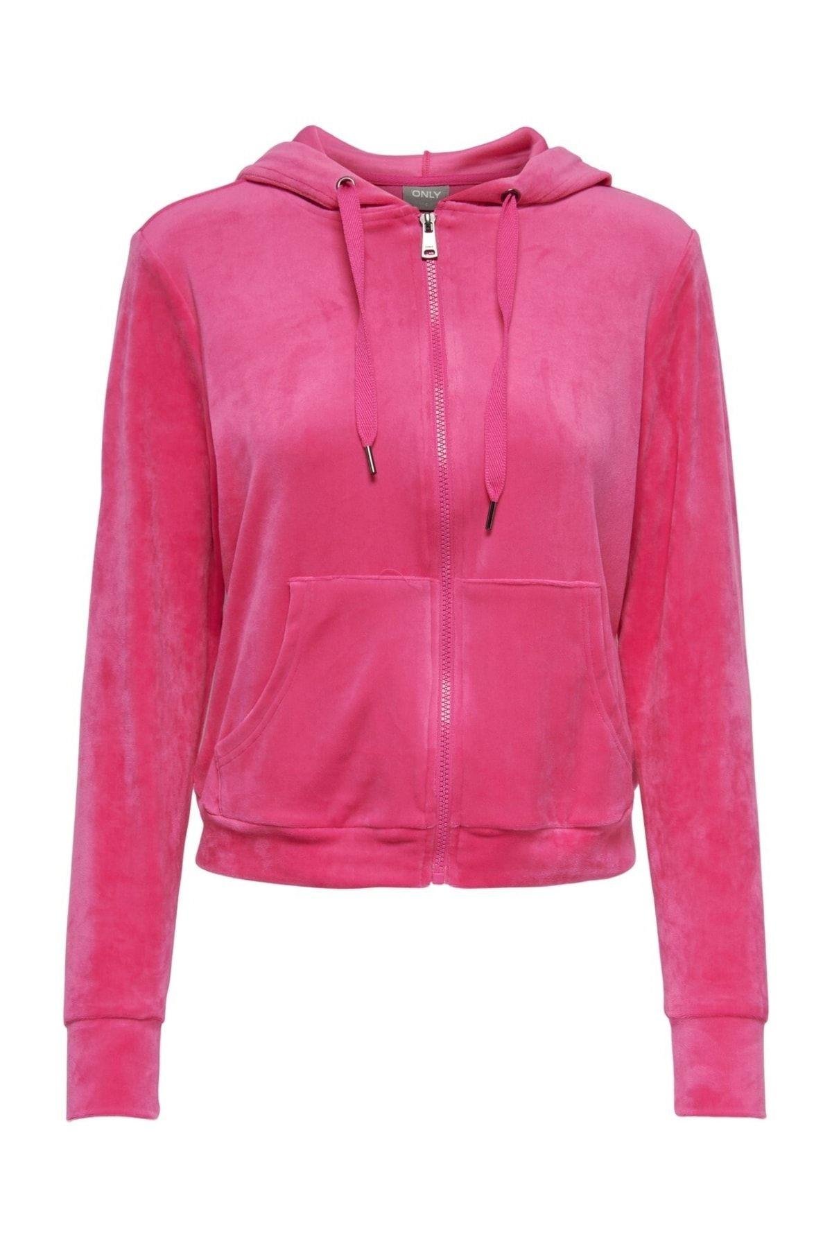 Only Kadın Kadife Kapüşonlu Fermuarlı Sweatshirt - 15241328 - Only - 15241328-1