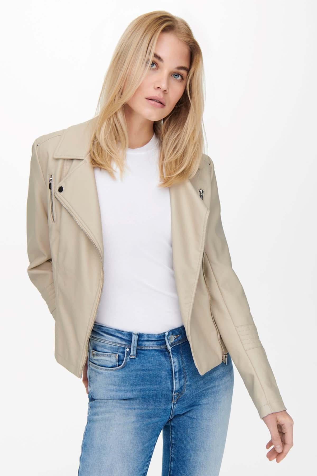 Only Kadın Krem Onlgemma Faux Leather Biker Deri Ceket 15153079 - Only - TYC00332134085