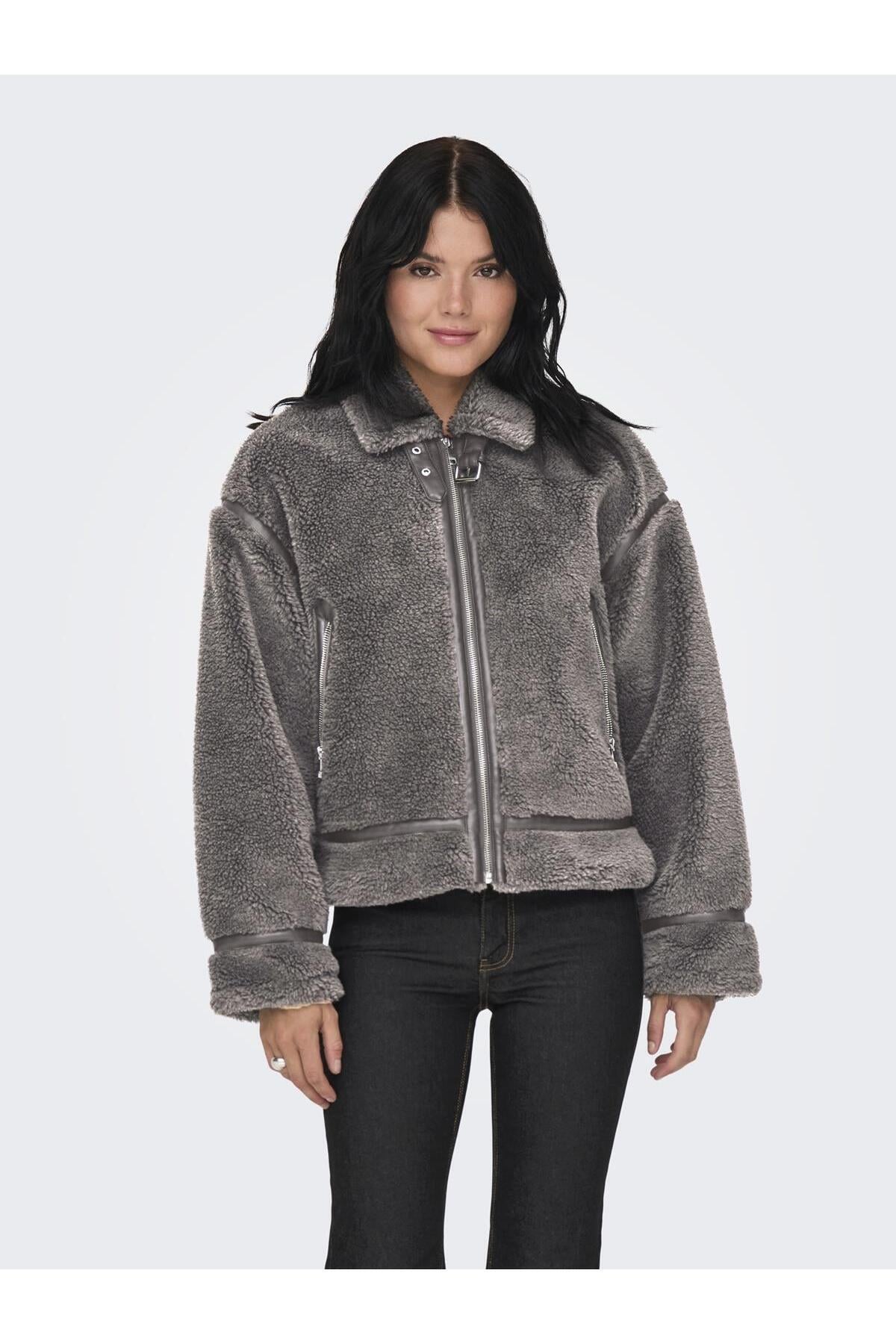Only Kadın Onlmichelle Dik Yaka Teddy Gri Ceket - 15326006 - Only - muk-15326006