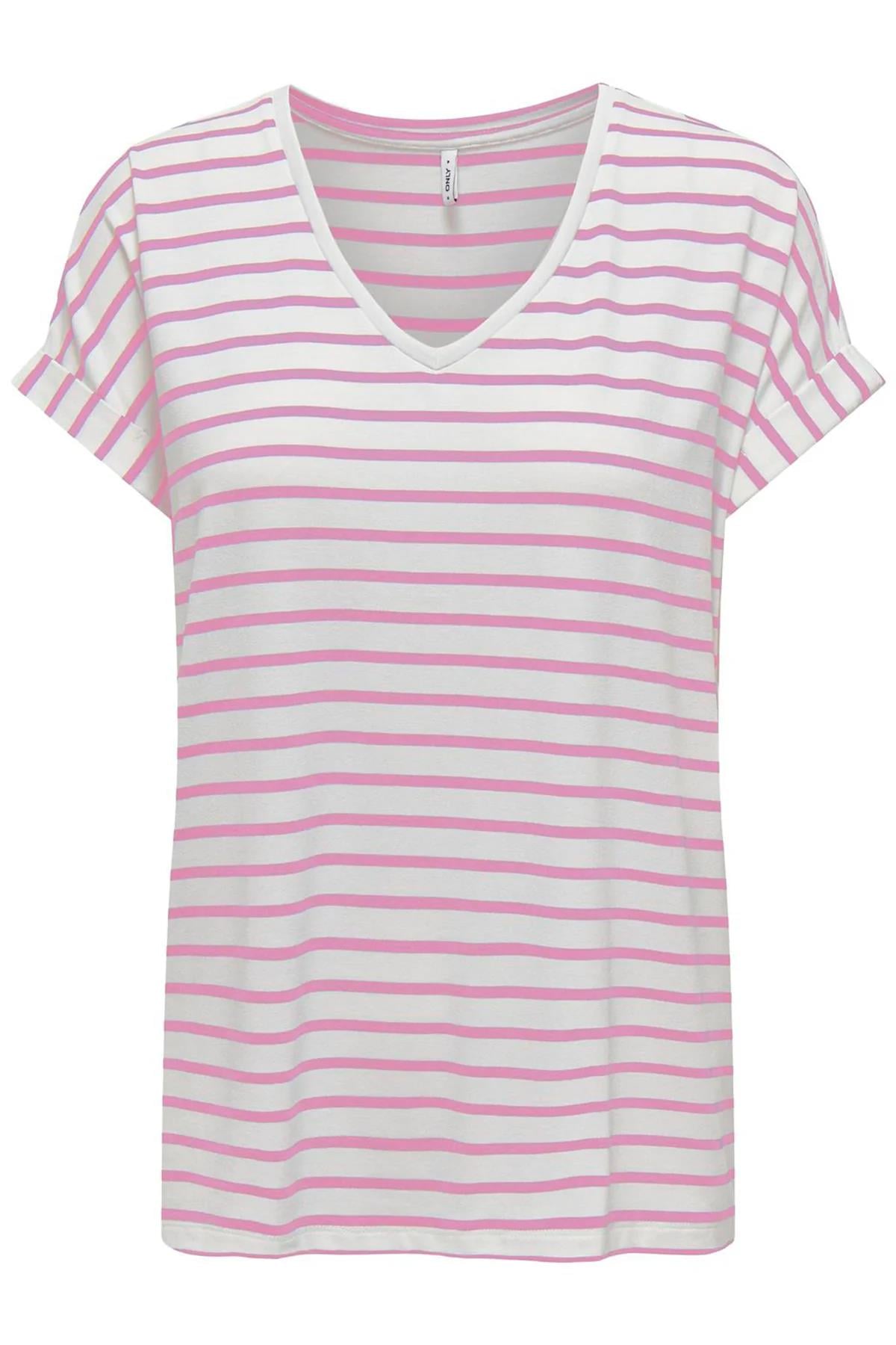 Only Kadın V Yaka Çizgili T-shirt - 15319825 - Only - 15319825-V
