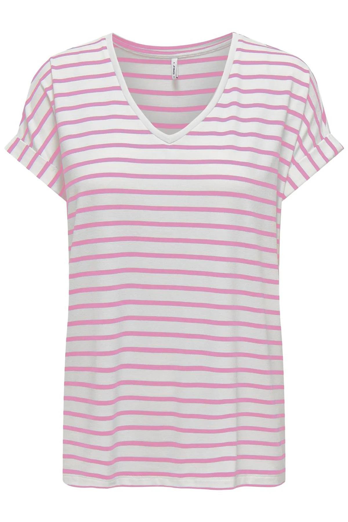 Only Kadın V Yaka Çizgili T-shirt - 15319825 - Only - 15319825-V