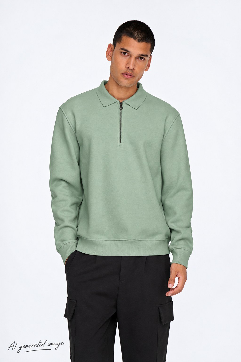 Only & Sons Abbott Erkek Fermuarlı Siyah Polo Sweatshirt-22030633 - Only & Sons - 22030633-Y