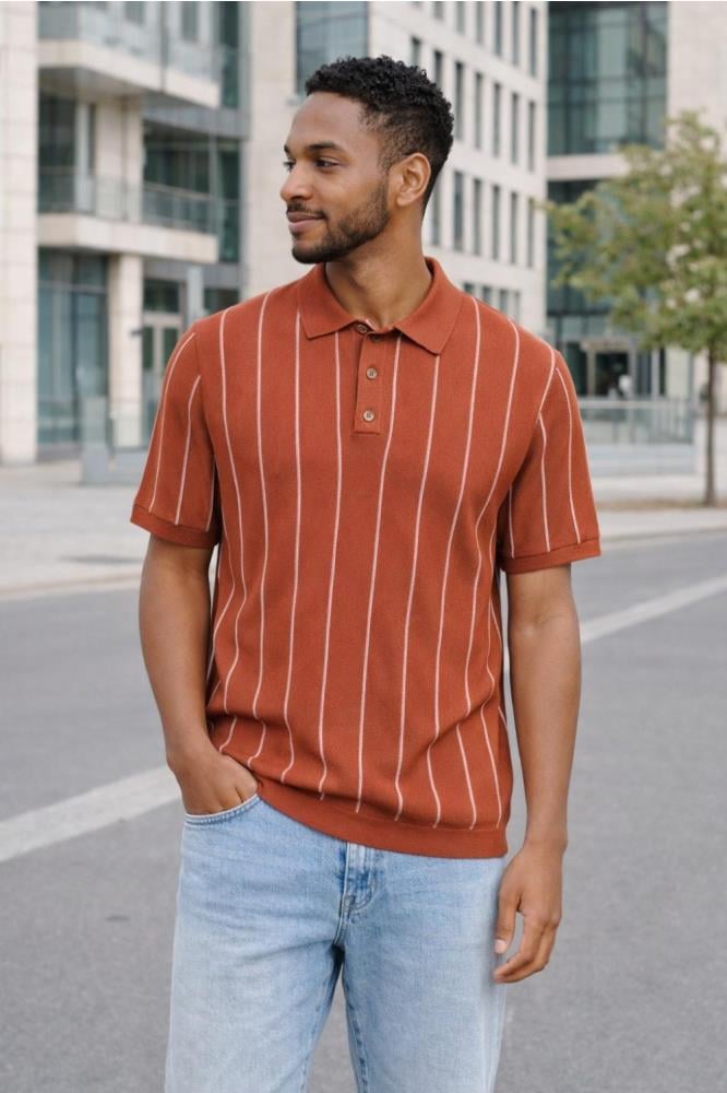 Only & Sons Erkek Çizgili Gömlek Yaka Turuncu T-Shirt - 22037080 - Only & Sons - 22037080-2