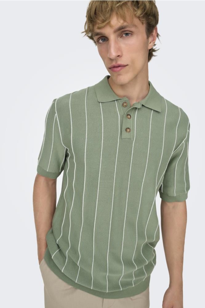 Only & Sons Erkek Çizgili Gömlek Yaka Yeşil T-Shirt - 22037080 - Only & Sons - 22037080-1