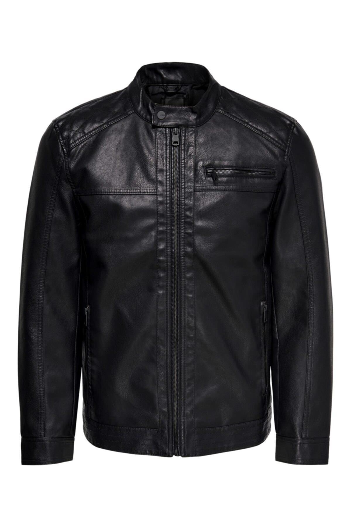 Only & Sons Erkek Siyah Deri Ceket - 22011975 - Only & Sons - 22011975-Black