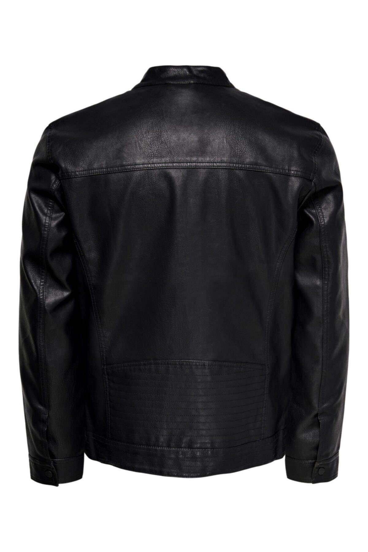 Only & Sons Erkek Siyah Deri Ceket - 22011975 - Only & Sons - 22011975-Black