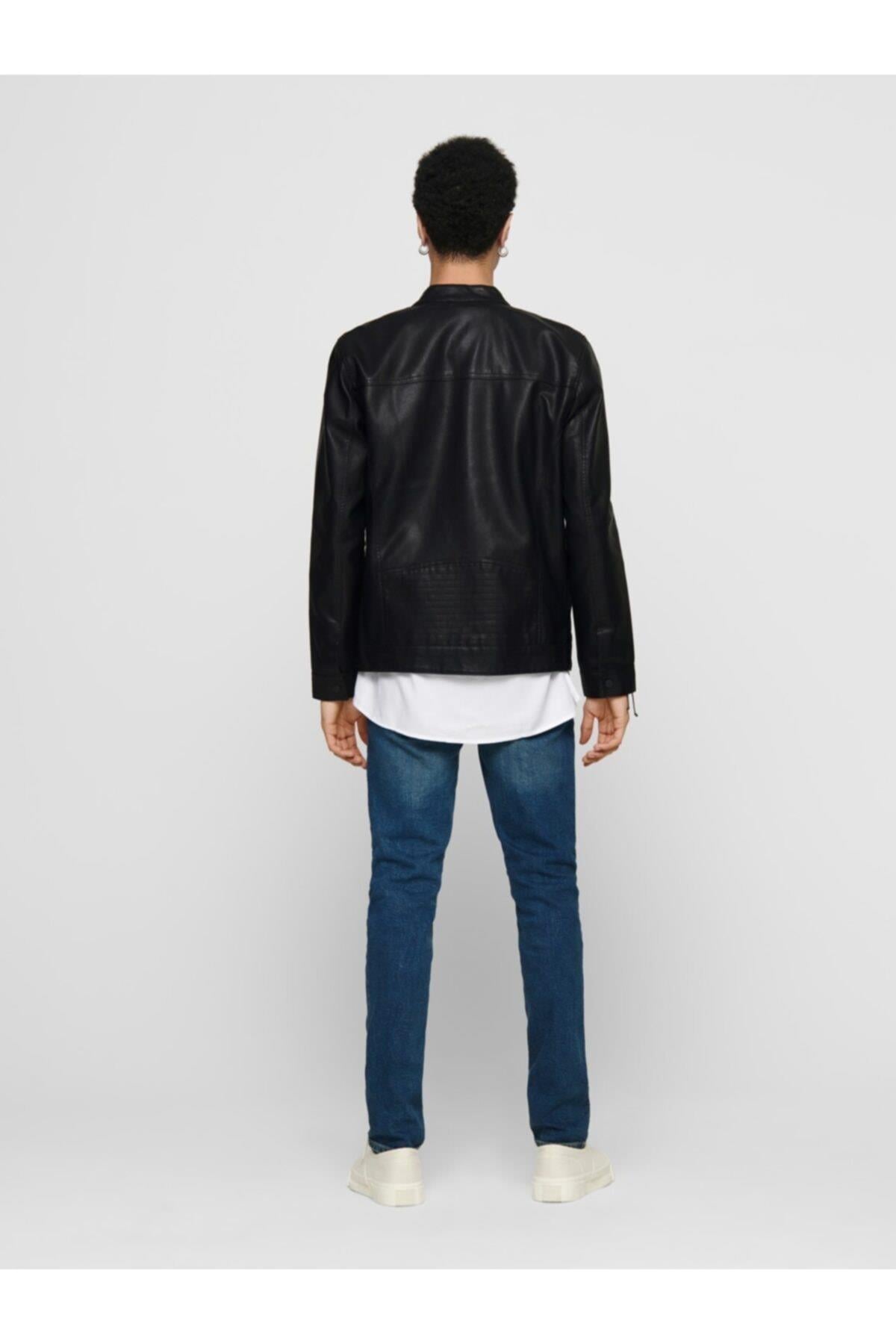 Only & Sons Erkek Siyah Deri Ceket - 22011975 - Only & Sons - 22011975-Black