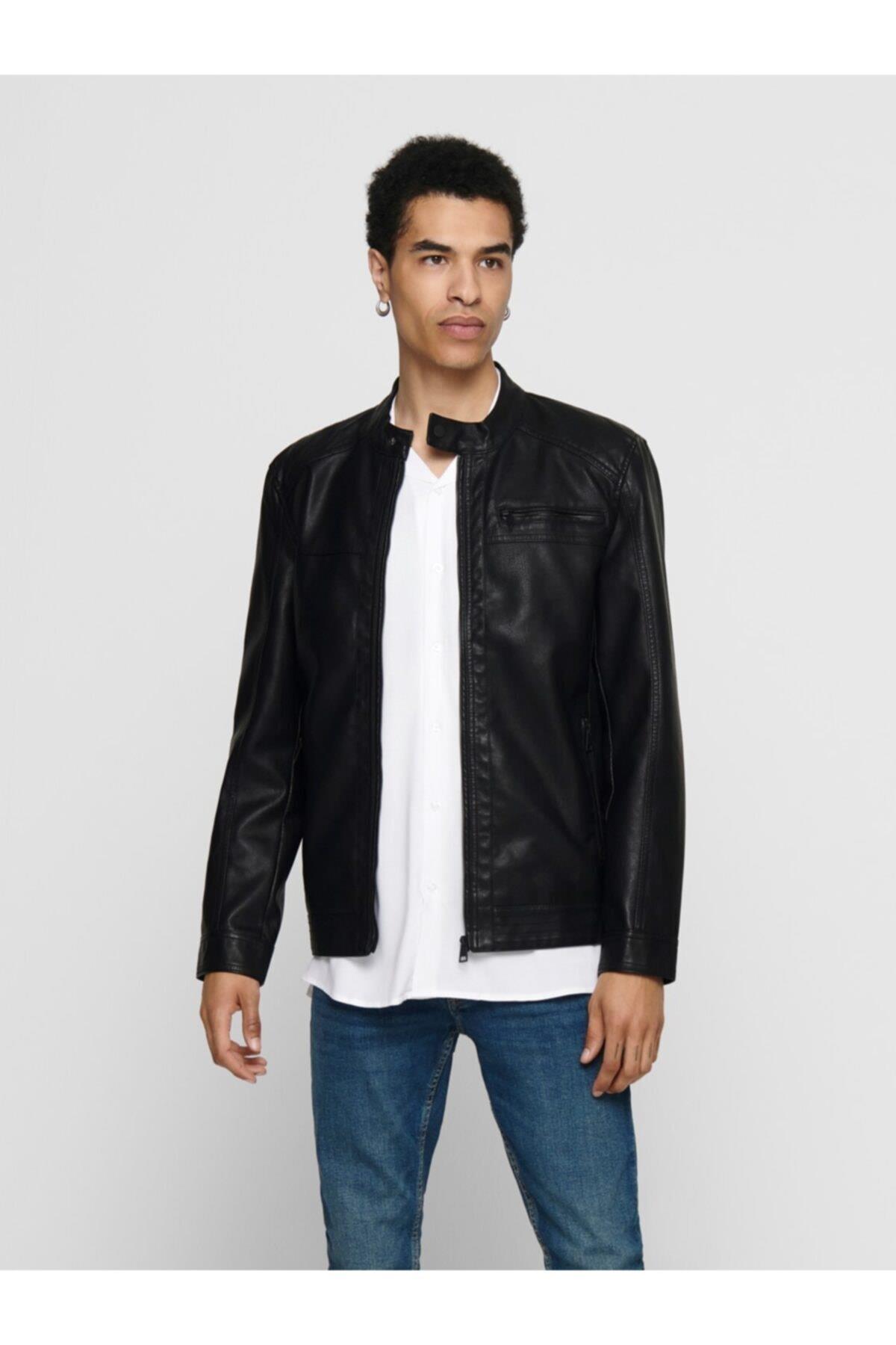 Only & Sons Erkek Siyah Deri Ceket - 22011975 - Only & Sons - 22011975-Black