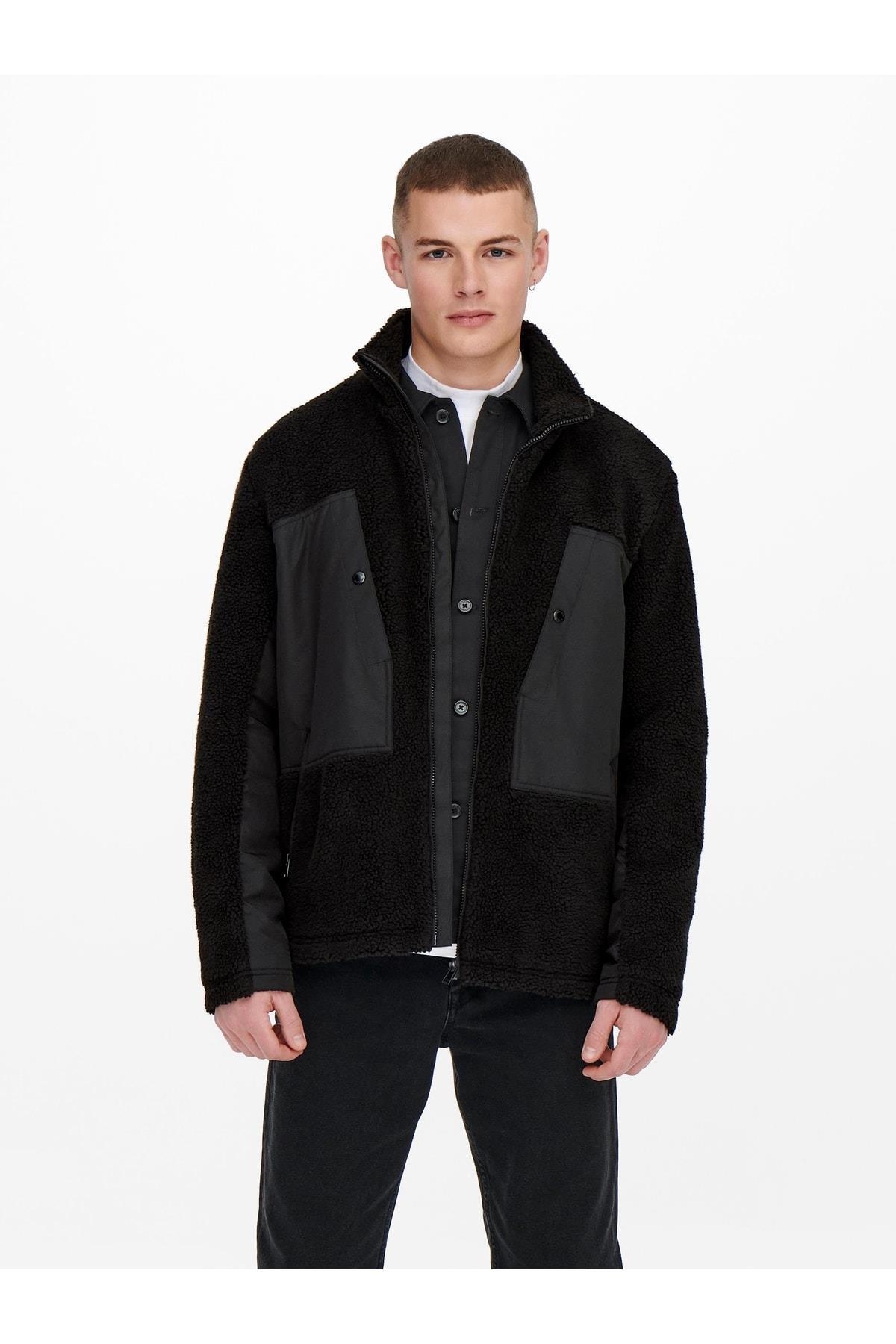 Only & Sons Erkek Siyah Sherpa Kürk Mont Ceket - 22022512-02 - Only & Sons - 22022512