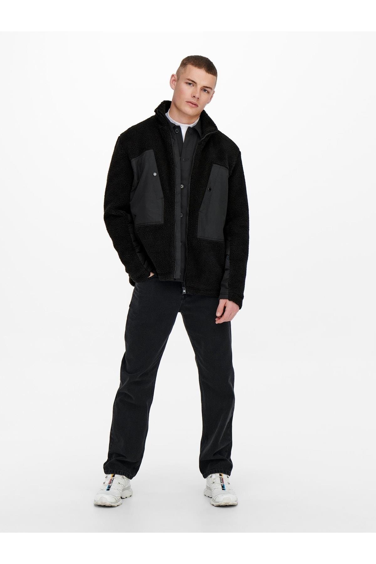 Only & Sons Erkek Siyah Sherpa Kürk Mont Ceket - 22022512-02 - Only & Sons - 22022512