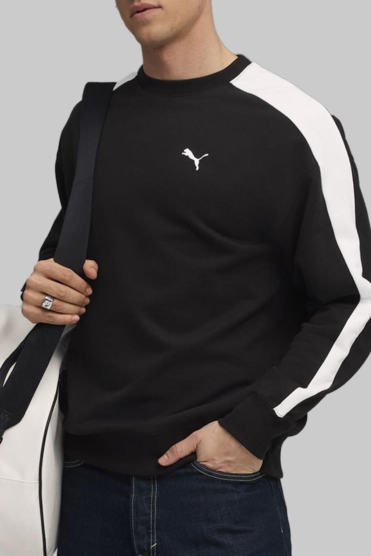 Puma Relaxed Crew T7 Siyah Beyaz Erkek Spor Sweatshirt -63343301  - Puma - 63343301