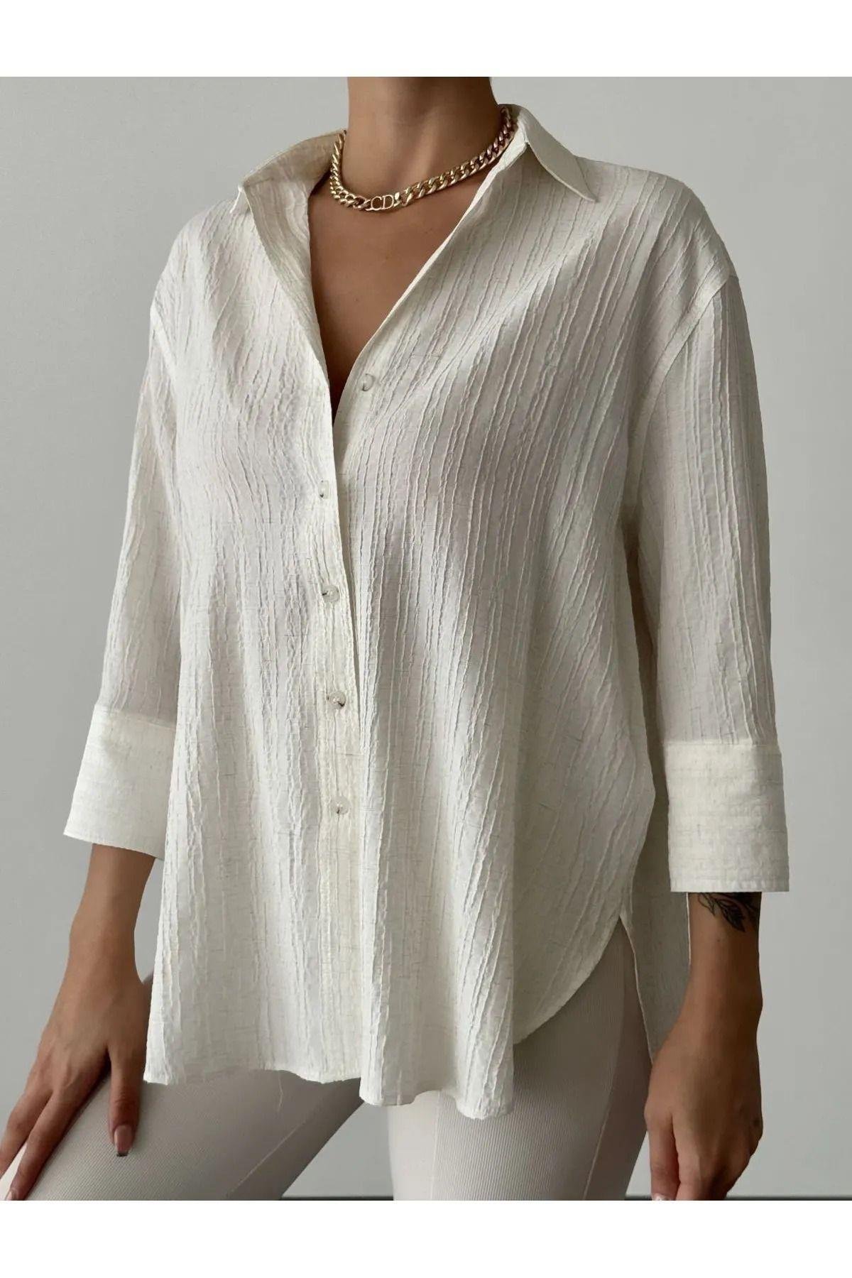 Quzu Kadın Kısa Kol Oversize Gömlek - 24Y11693 - Quzu - 24Y11693