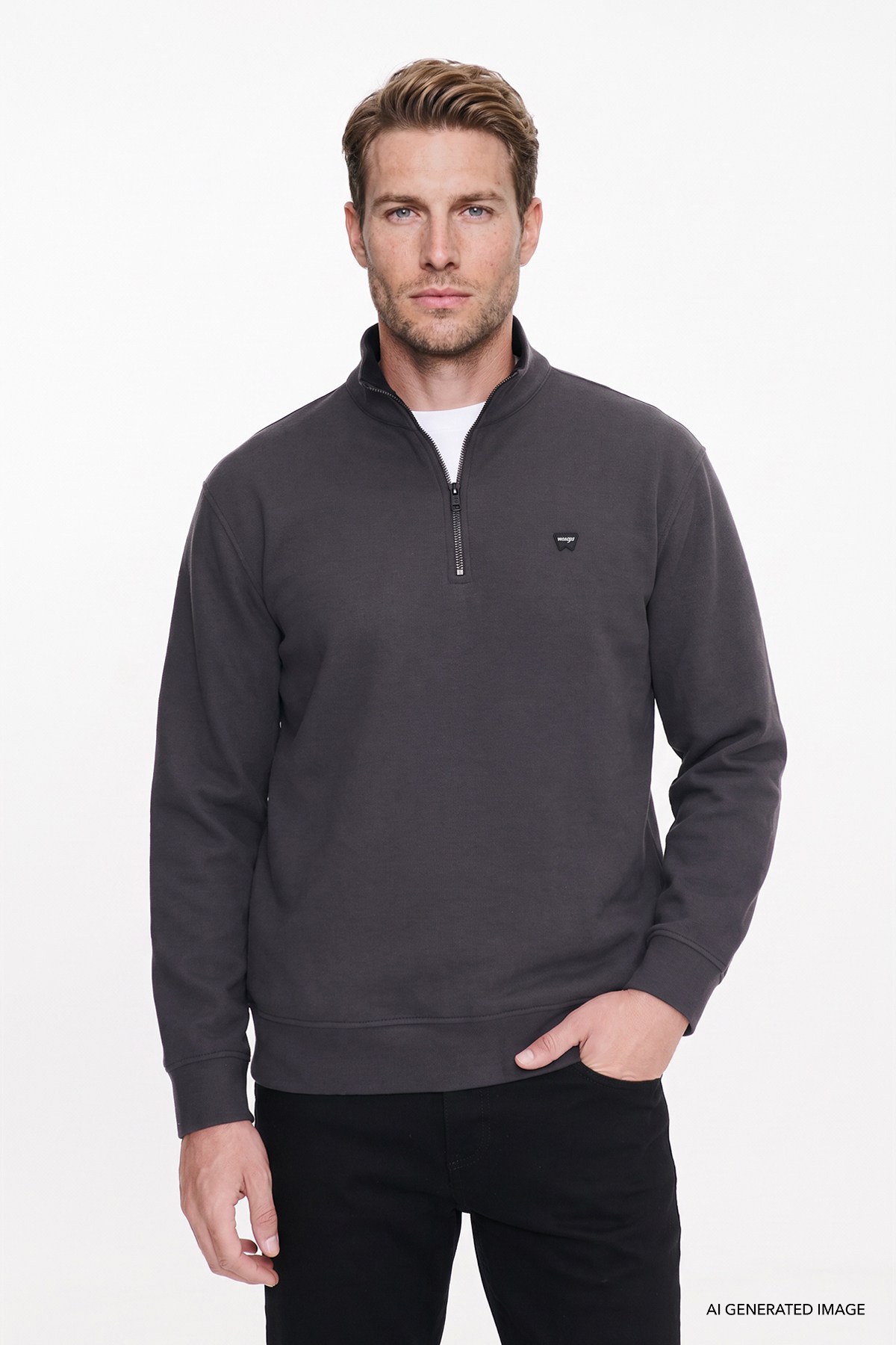 Wrangler Erkek Pamuklu Selanik Regular Fit Fermuarlı Dik Yaka Antrasit Sweatshirt - Wrangler - W2620081