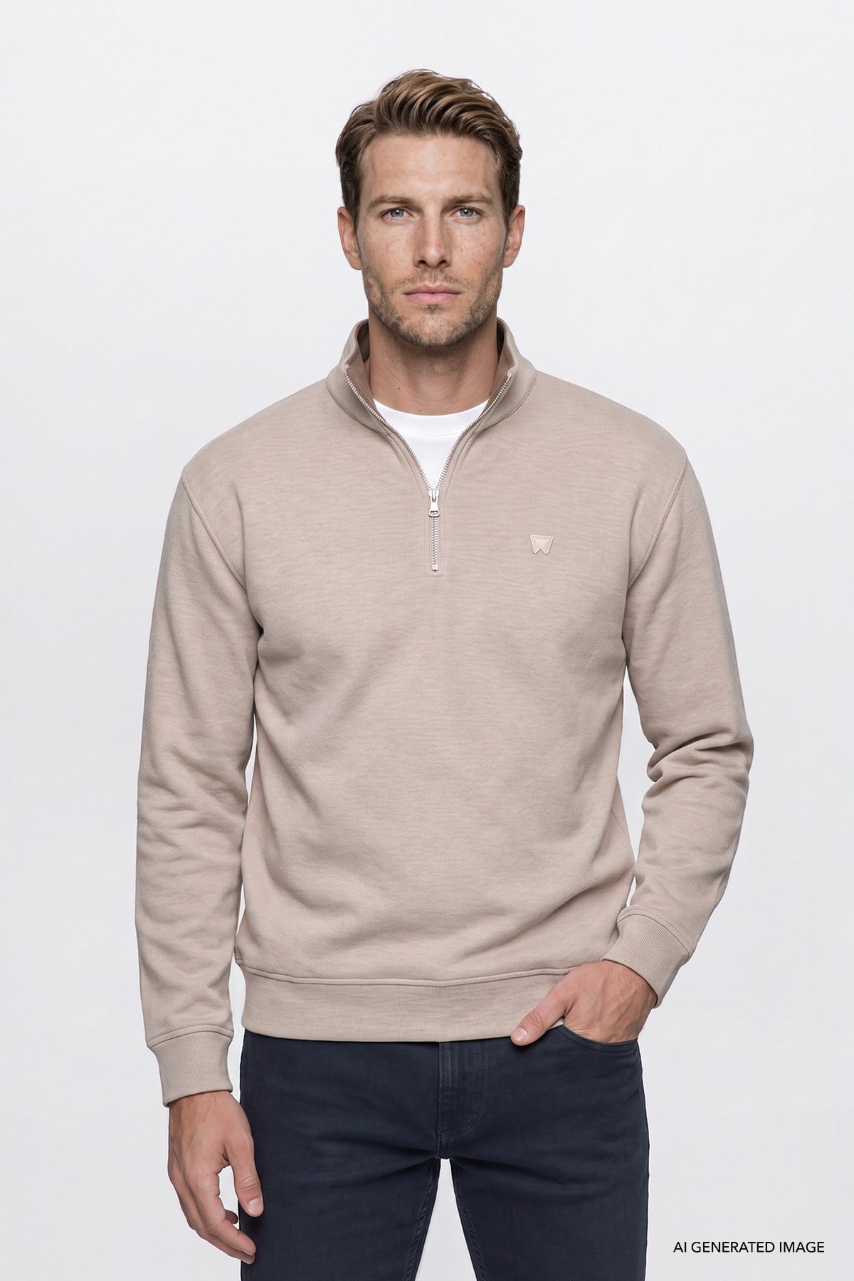 Wrangler Erkek Pamuklu Selanik Regular Fit Yarım Fermuar Bej Sweatshirt - W2620081 - Wrangler - W2620081-B