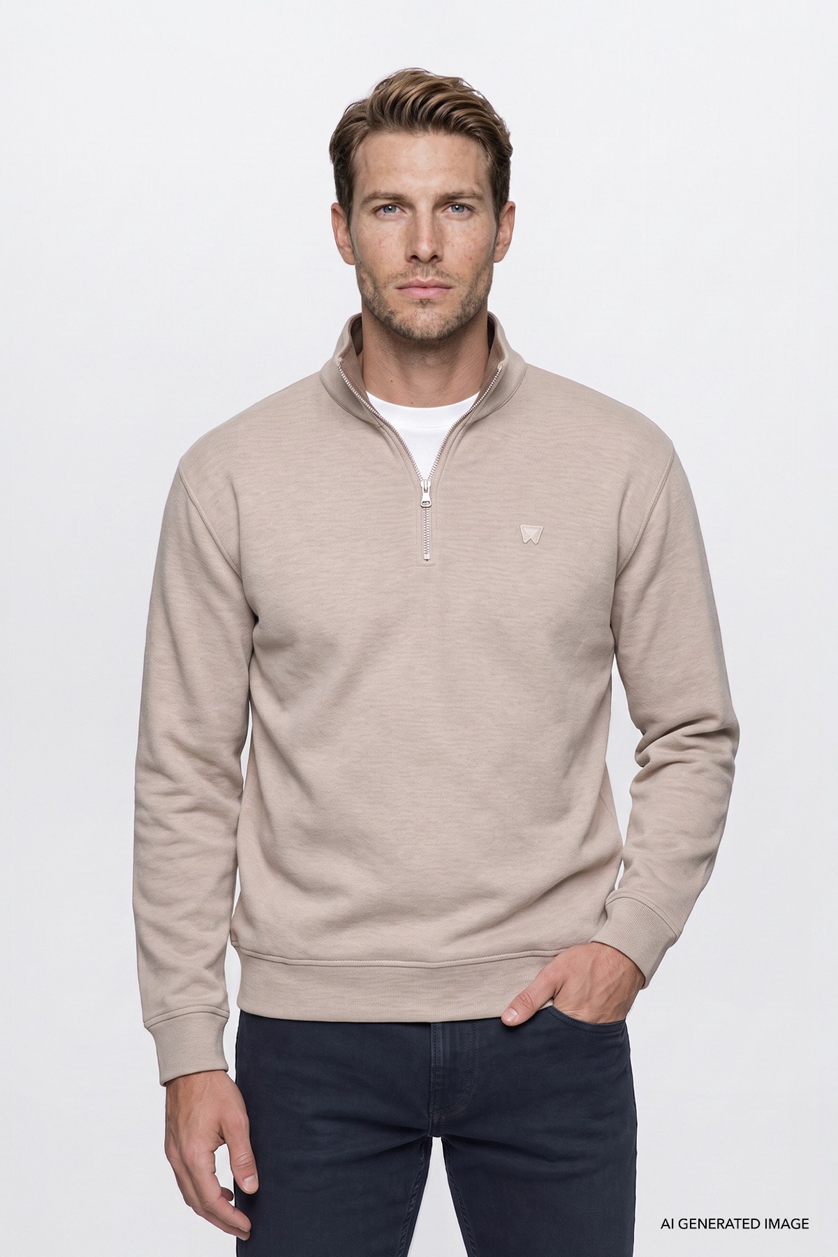 Wrangler Erkek Pamuklu Selanik Regular Fit Yarım Fermuar Bej Sweatshirt - W2620081 - Wrangler - W2620081-B