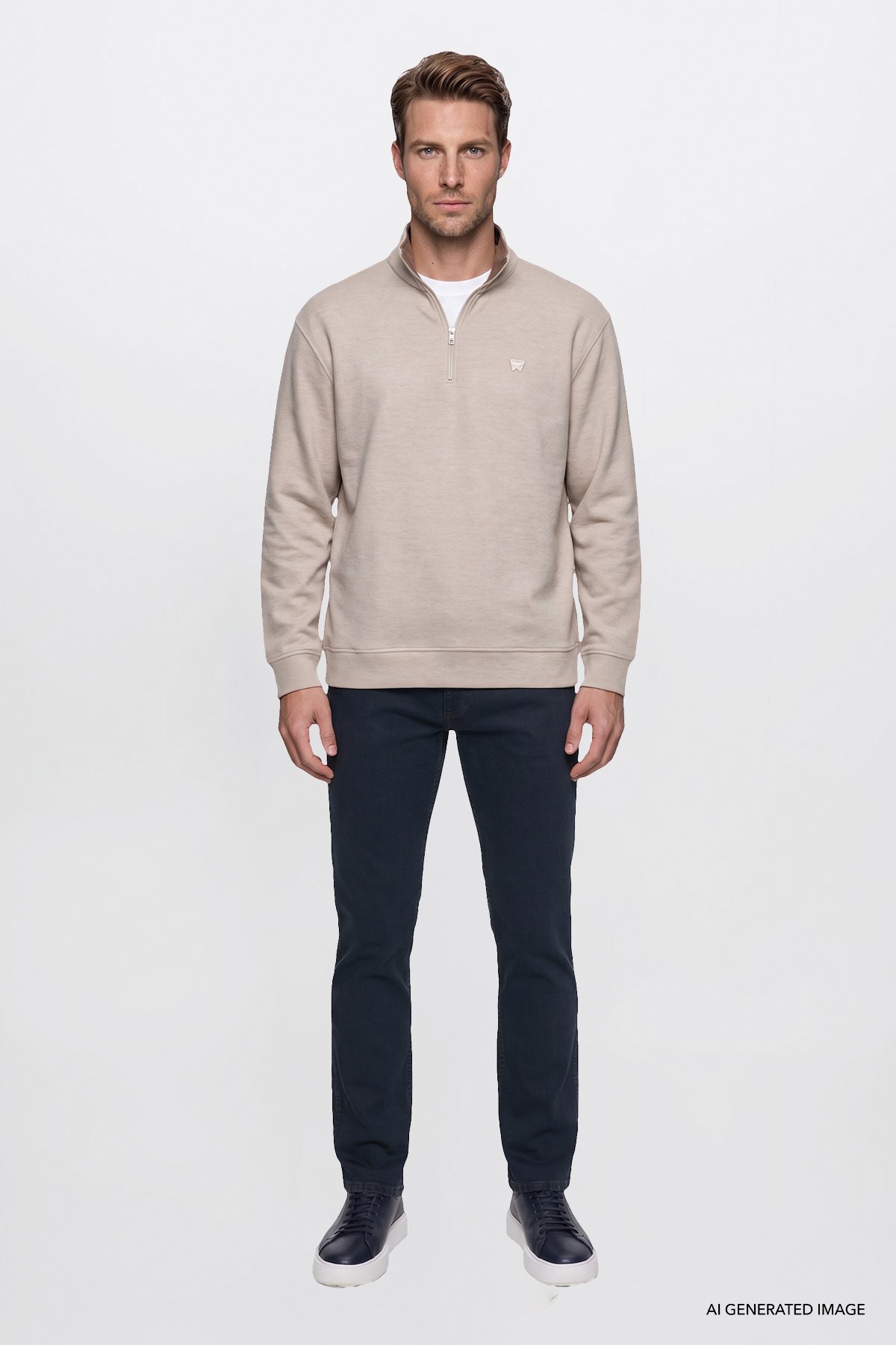 Wrangler Erkek Pamuklu Selanik Regular Fit Yarım Fermuar Bej Sweatshirt - W2620081 - Wrangler - W2620081-B