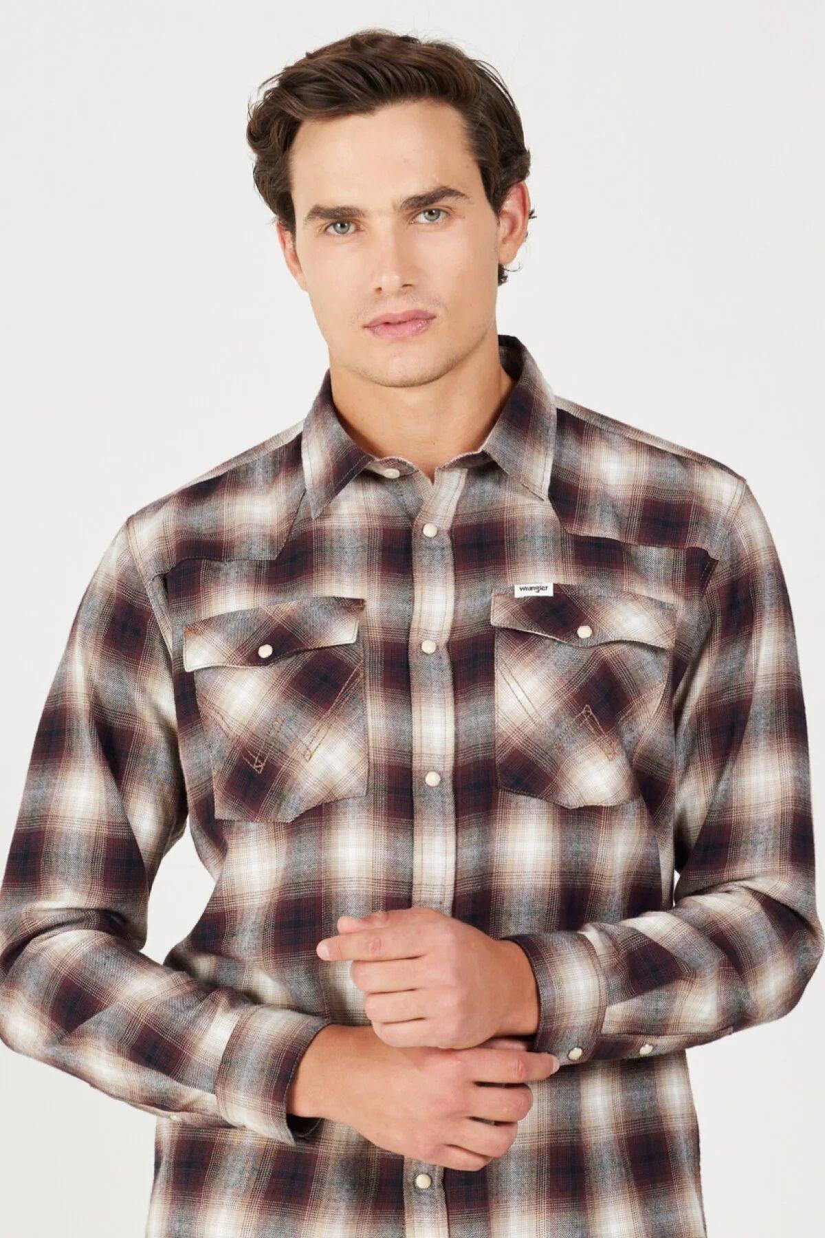 Wrangler Loose Fit Rahat Kesim Pamuklu Bej Bordo Ekoseli Erkek Gömlek - W556B3 - Wrangler - W556B3