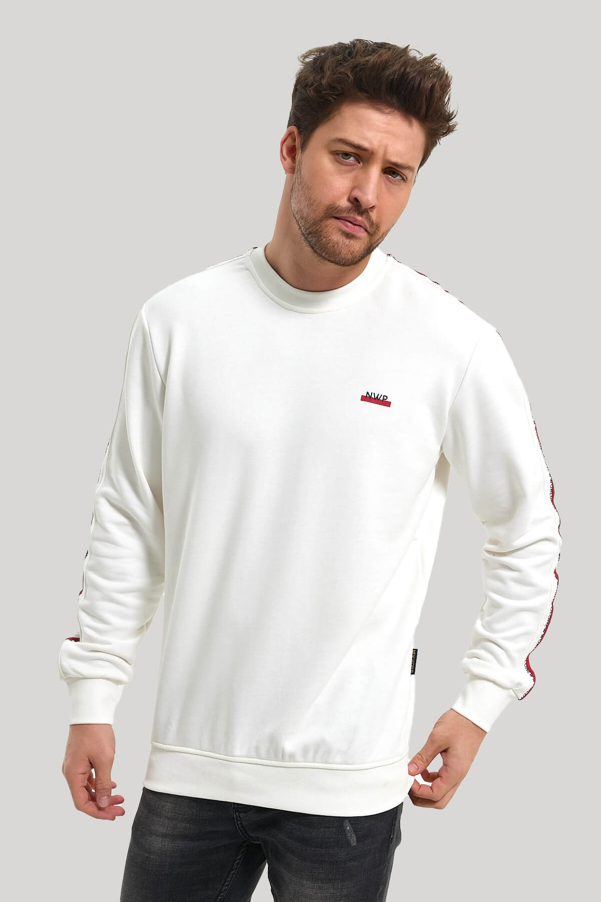 Bisiklet Yaka Ekru Slim Fit Sweatshirt 23FWM60145