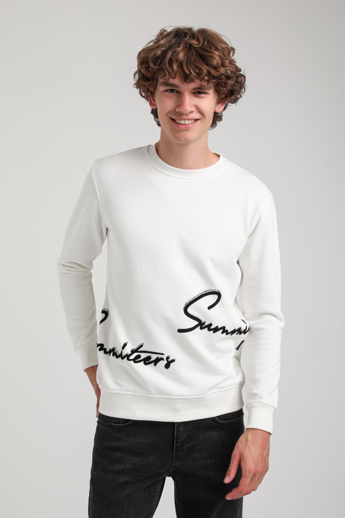 Bisiklet Yaka Ekru Slim Fit Sweatshirt 23FWM60150