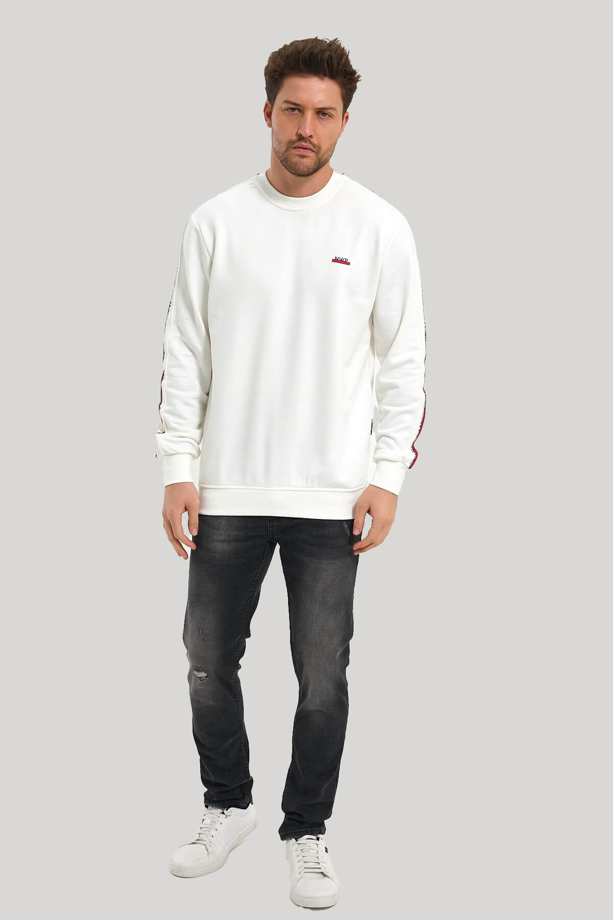 Bisiklet Yaka Ekru Slim Fit Sweatshirt 23FWM60145