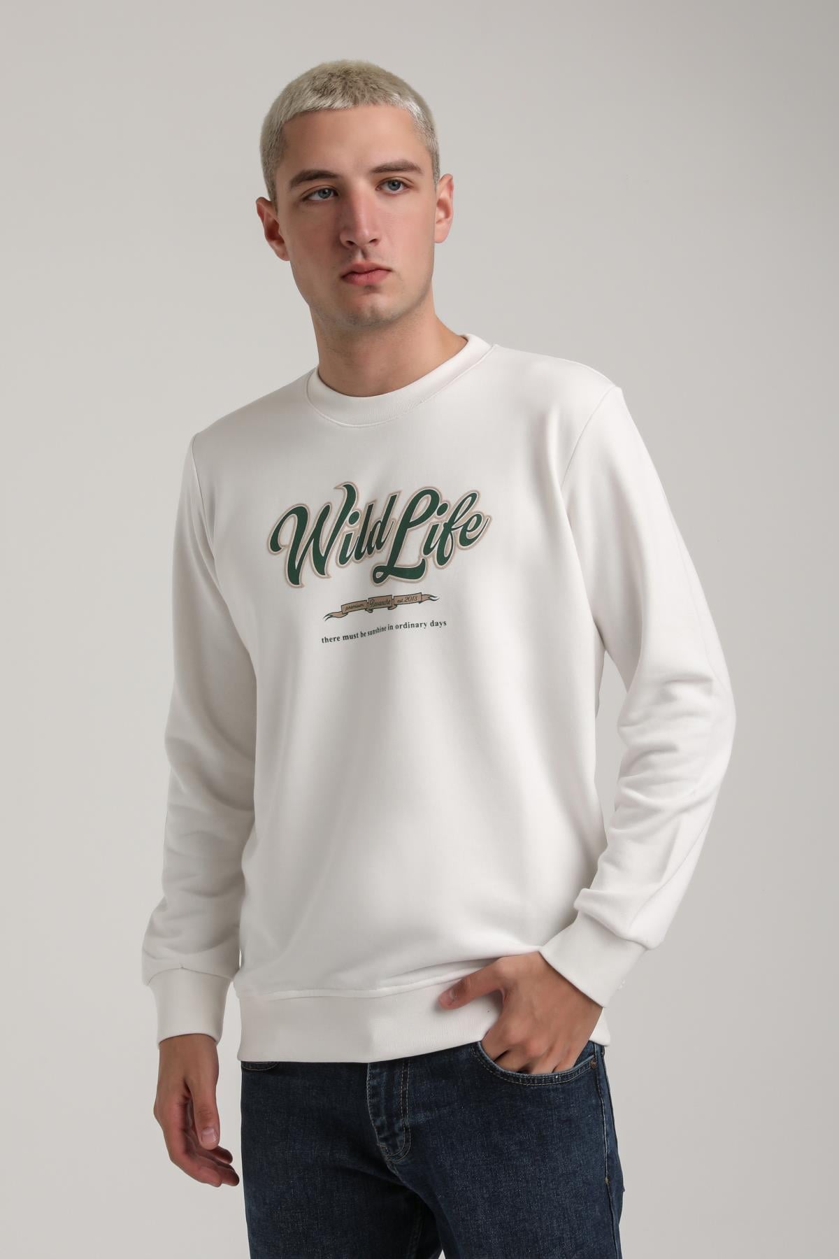 Bisiklet Yaka Ekru Slim Fit Sweatshirt 24FWM60195
