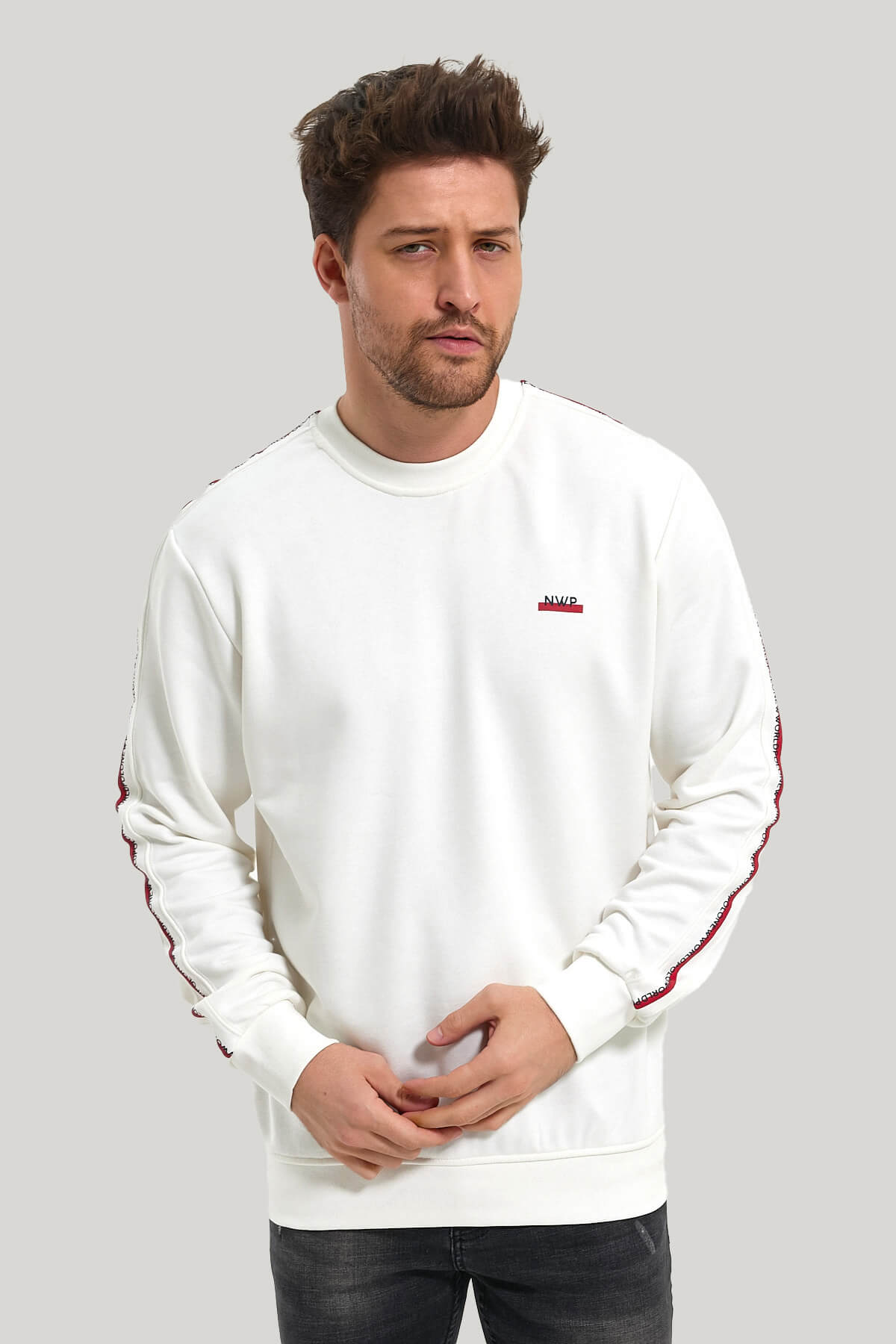 Bisiklet Yaka Ekru Slim Fit Sweatshirt 23FWM60145