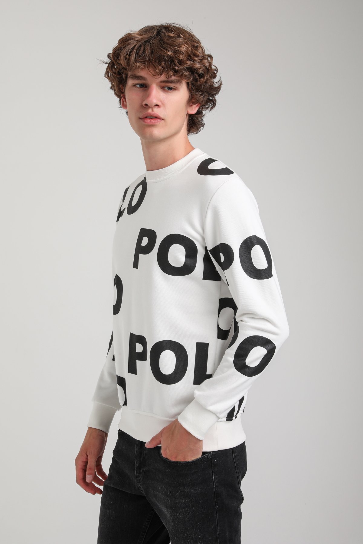 Bisiklet Yaka Ekru Slim Fit Sweatshirt 23FWM60169