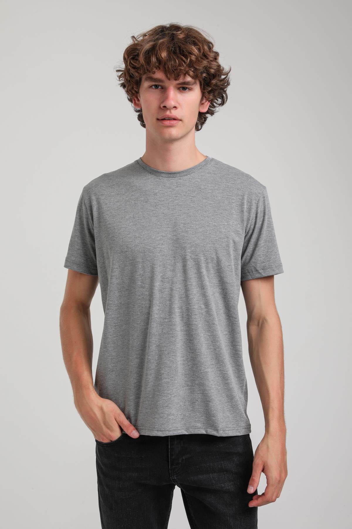 Bisiklet Yaka Gri Melanj Basic Pamuklu Slim Fit  24SSM20339