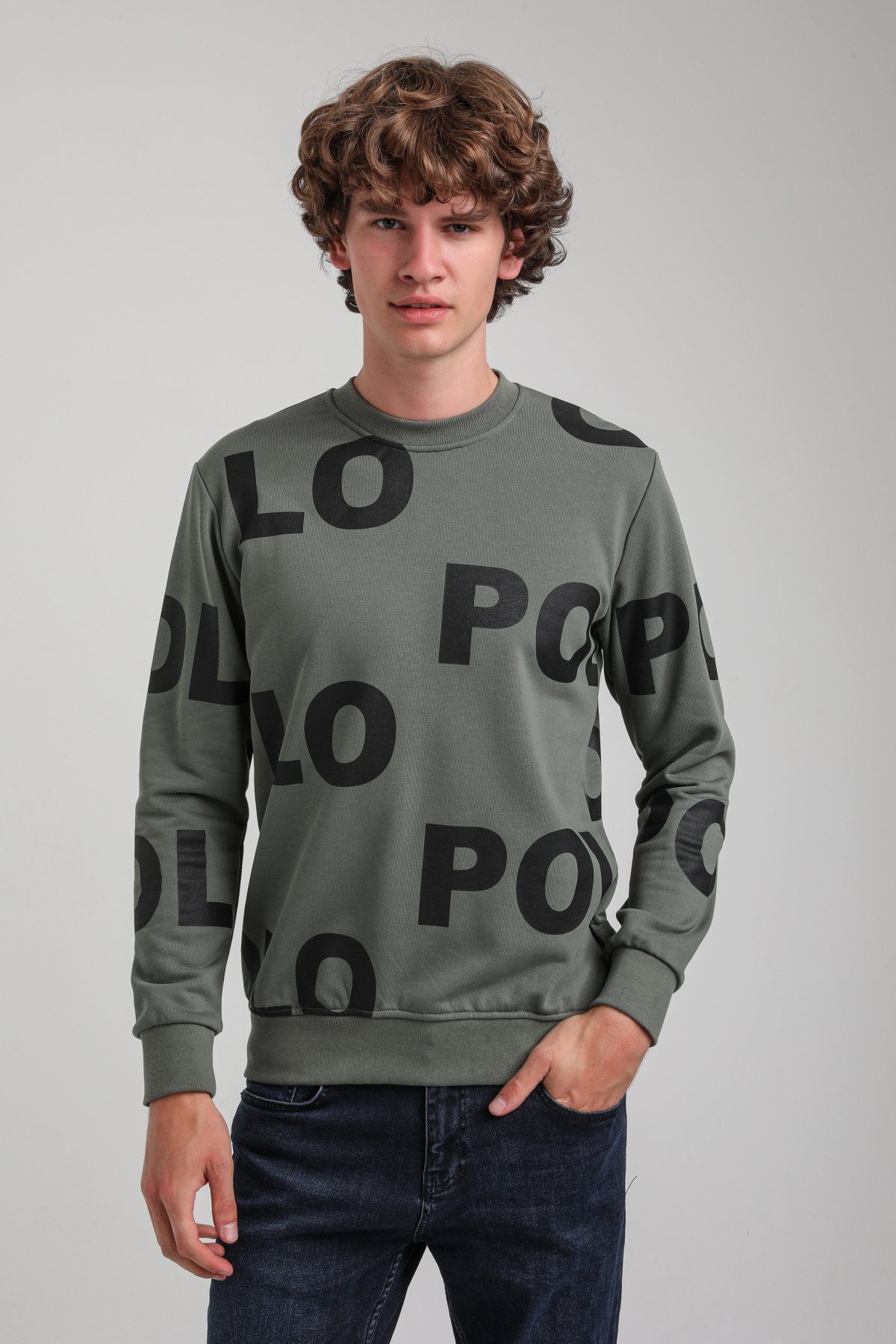 Bisiklet Yaka Haki Slim Fit Sweatshirt 23FWM60169