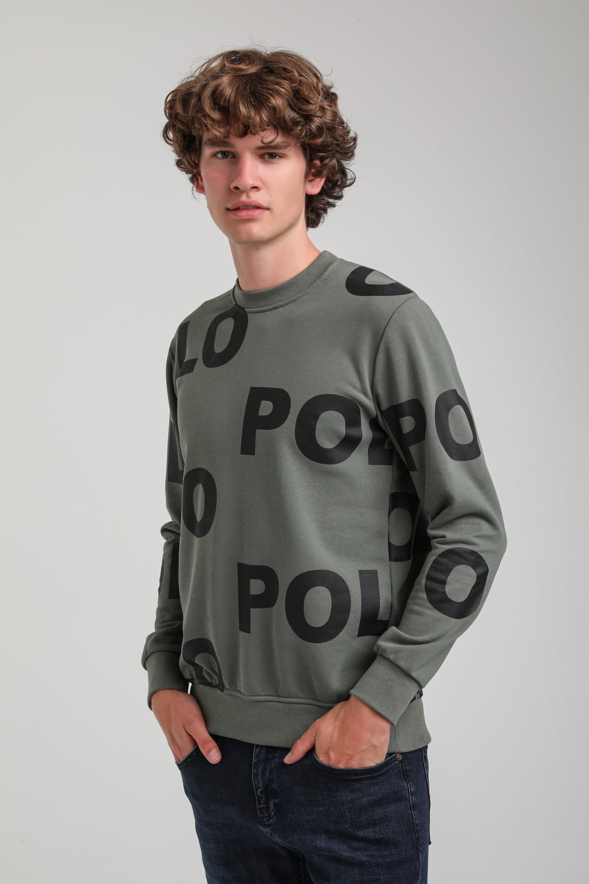 Bisiklet Yaka Haki Slim Fit Sweatshirt 23FWM60169