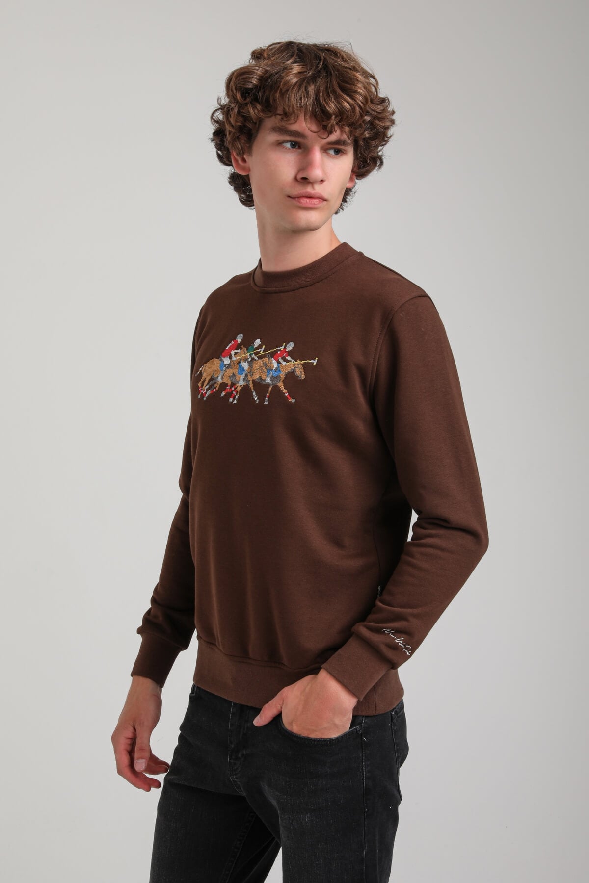Bisiklet Yaka Kahverengi Regular Custom Sweatshirt 23FWM60144