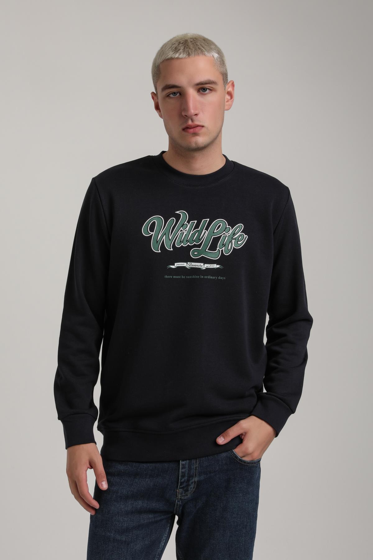 Bisiklet Yaka Lacivert Slim Fit Sweatshirt 24FWM60195