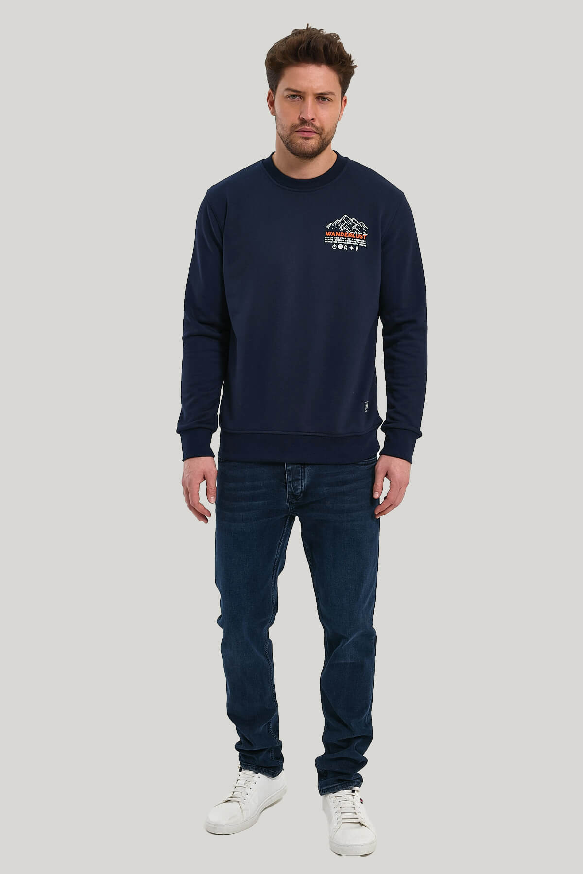 Bisiklet Yaka Lacivert Slim Fit Sweatshirt 23FWM60148