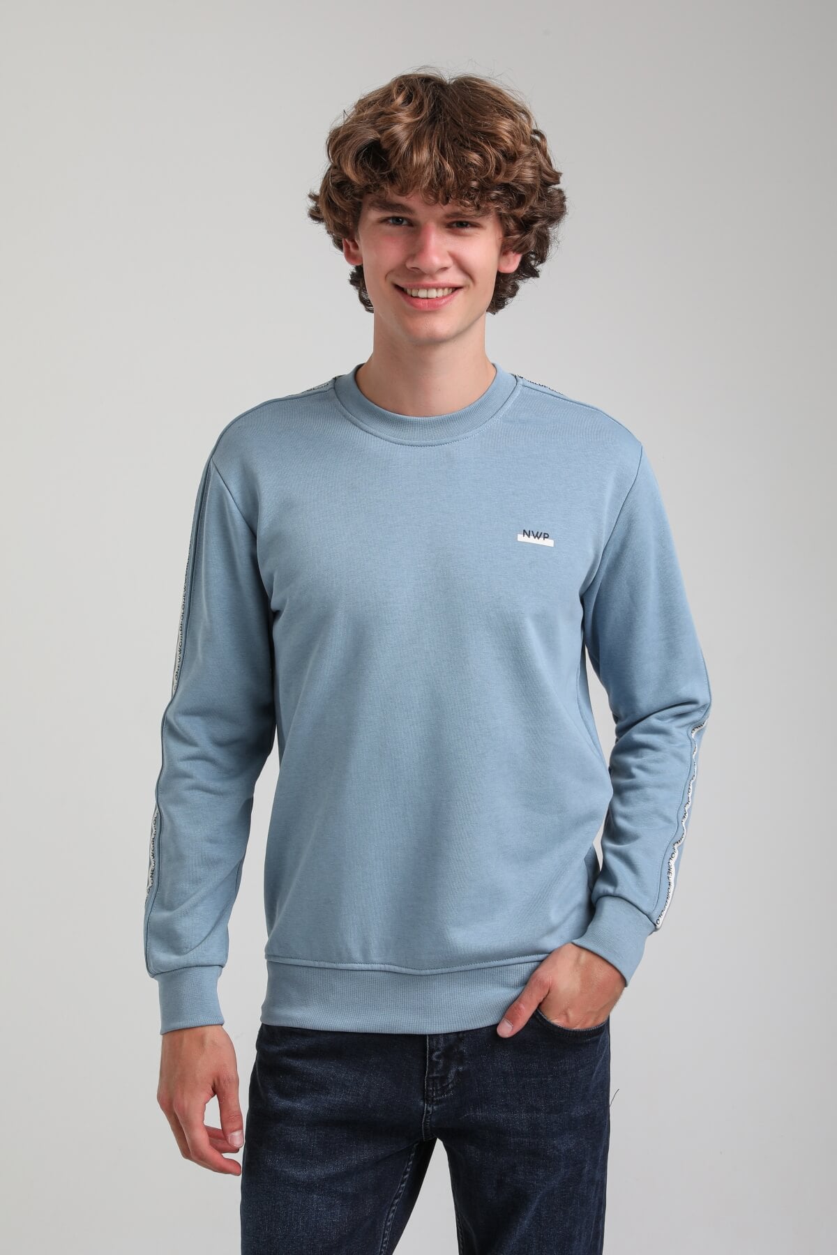 Bisiklet Yaka Mavi Slim Fit Sweatshirt 23FWM60145