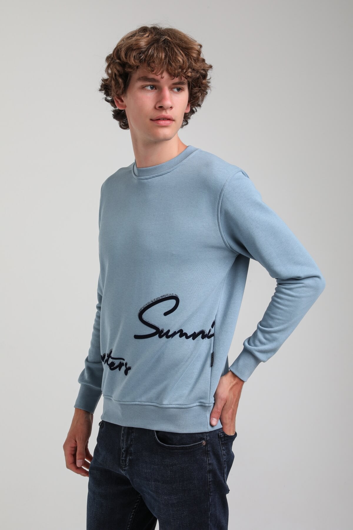 Bisiklet Yaka Mavi Slim Fit Sweatshirt 23FWM60150