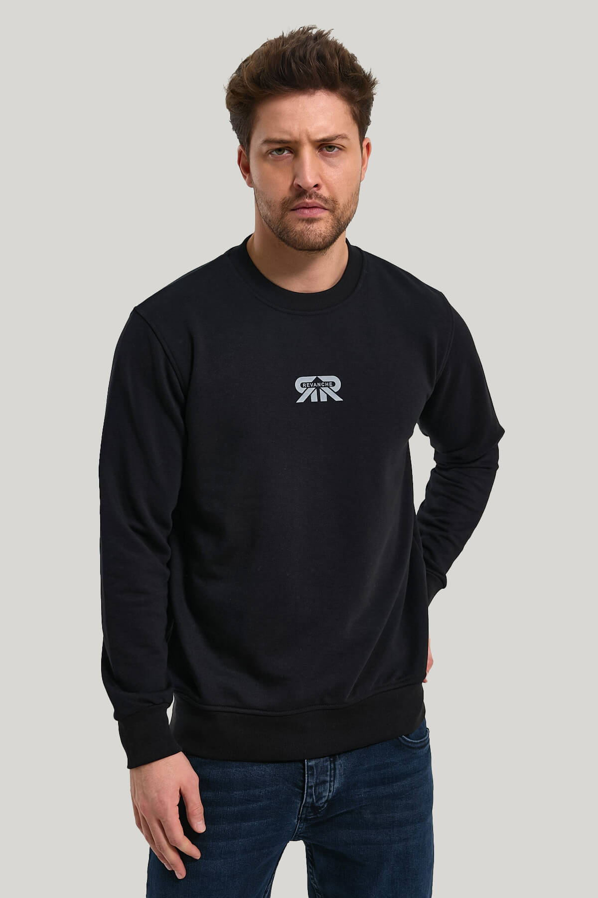 Bisiklet Yaka Siyah Regular Custom Sweatshirt 23FWM60143