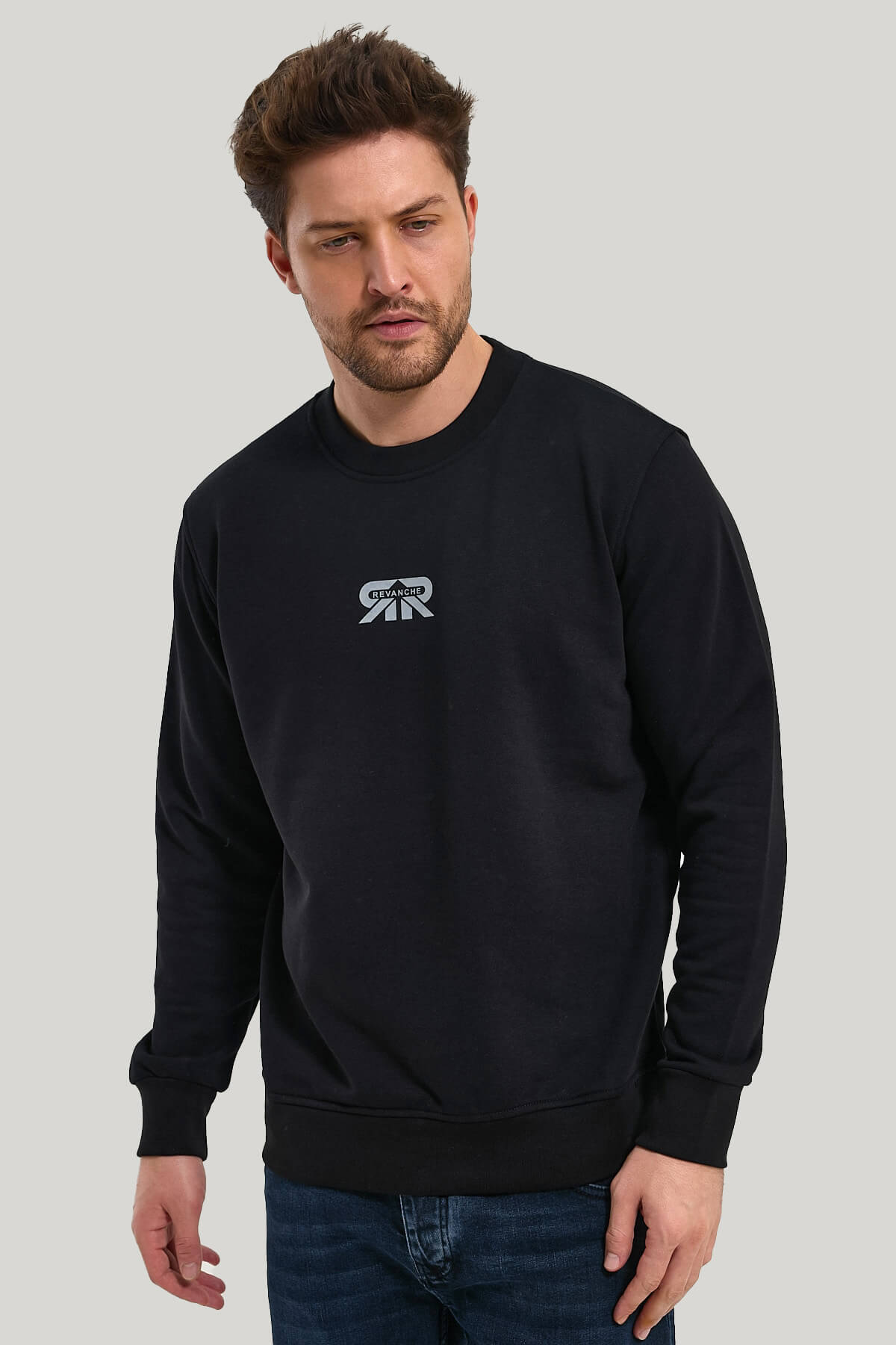 Bisiklet Yaka Siyah Regular Custom Sweatshirt 23FWM60143