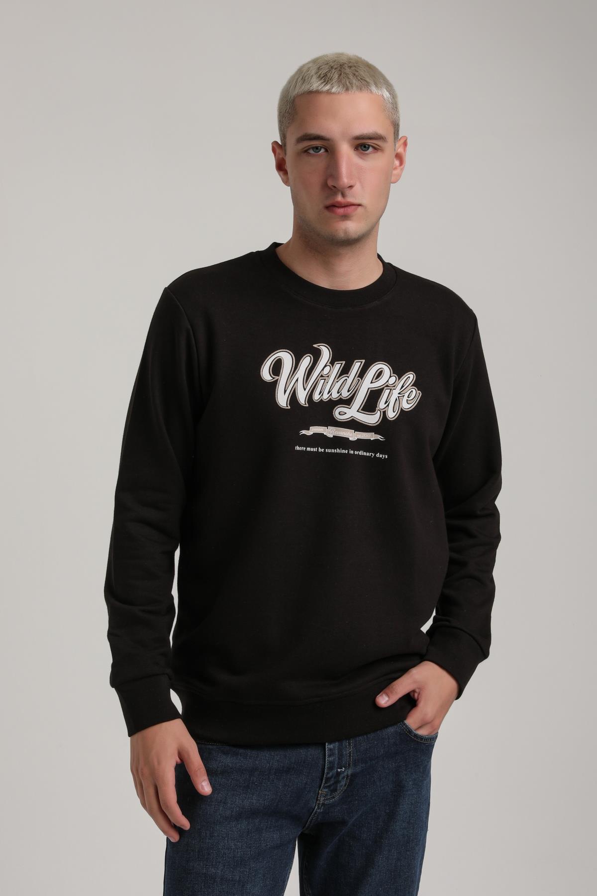Bisiklet Yaka Siyah Slim Fit Sweatshirt 24FWM60195