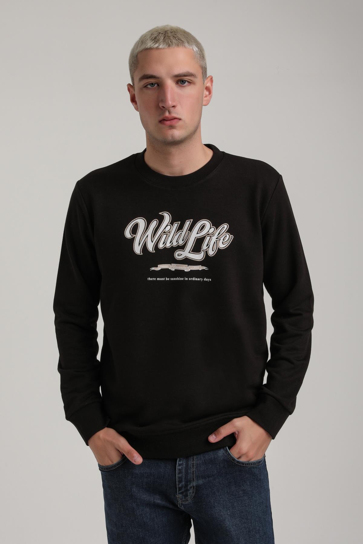 Bisiklet Yaka Siyah Slim Fit Sweatshirt 24FWM60195