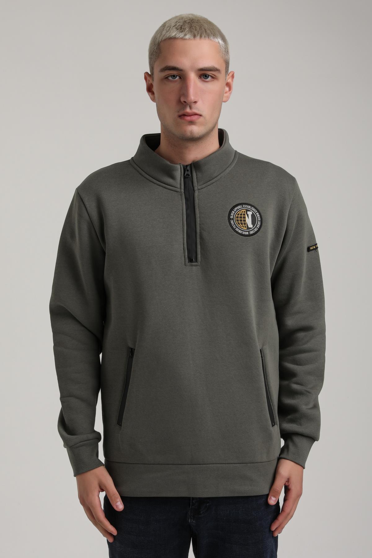 Dik Yaka Haki Slim Fit Full-Zip Sweatshirt 24FWM64083