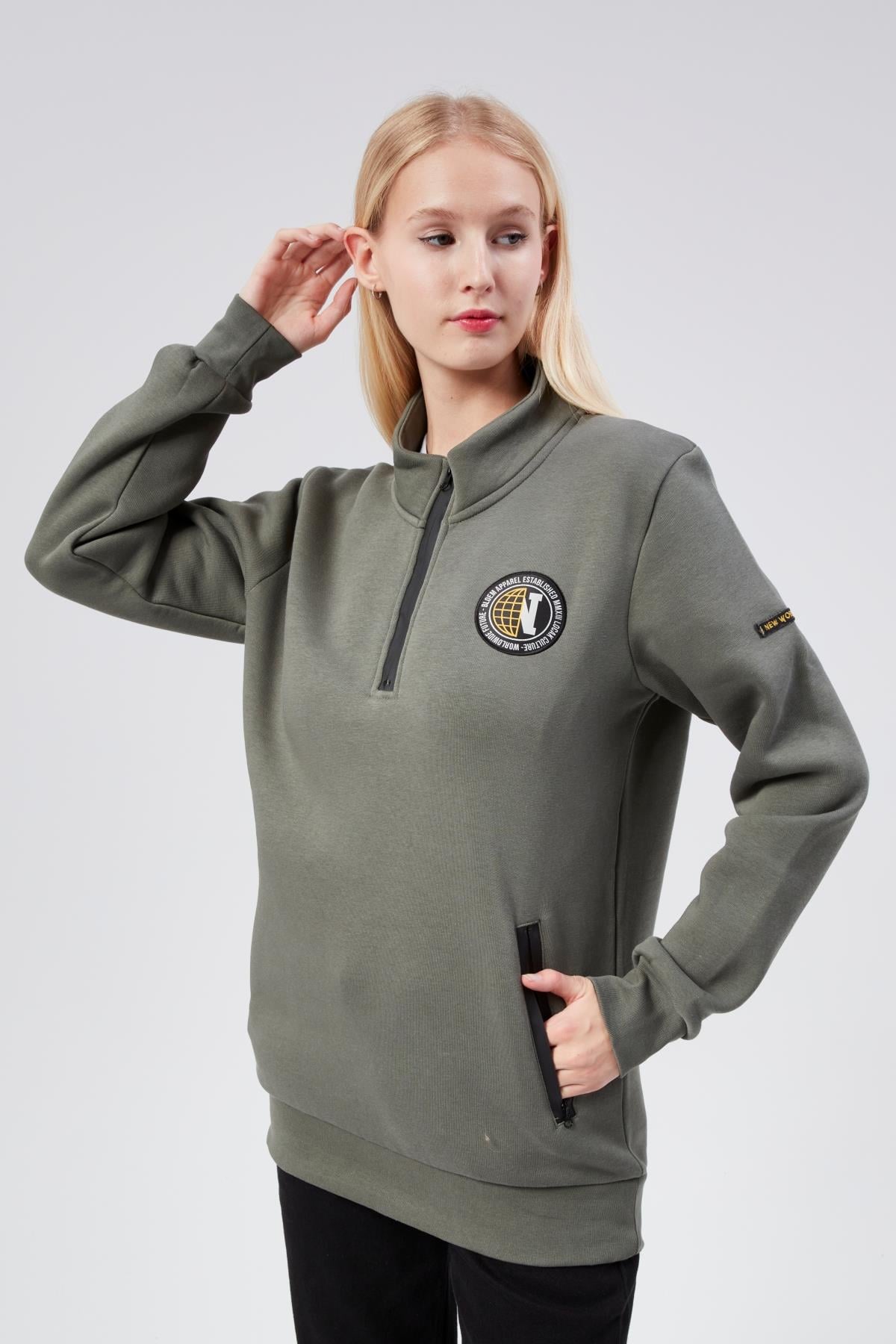 Dik Yaka Kadın Haki Slim Fit Sweatshirt 24FWW64083