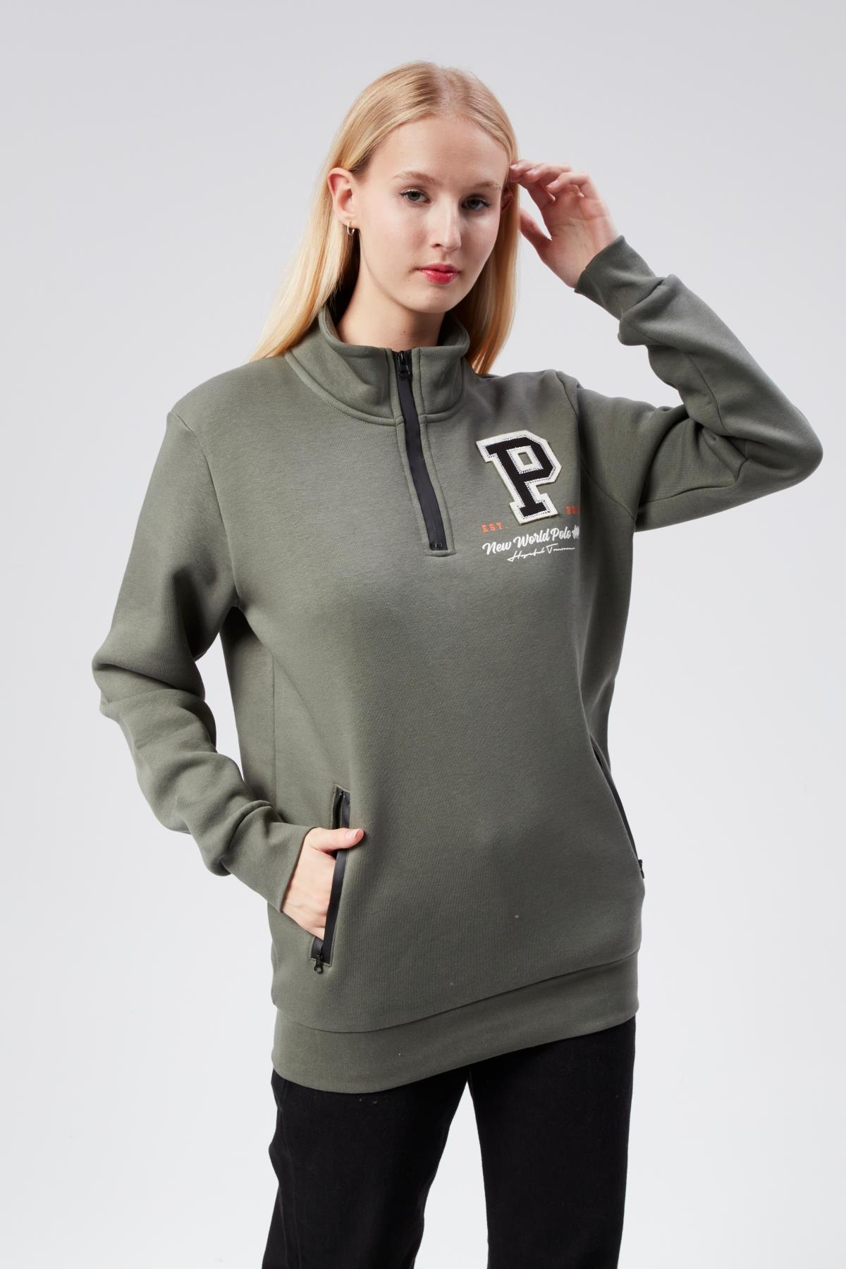Dik Yaka Kadın Haki Slim Fit Sweatshirt 24FWW64075