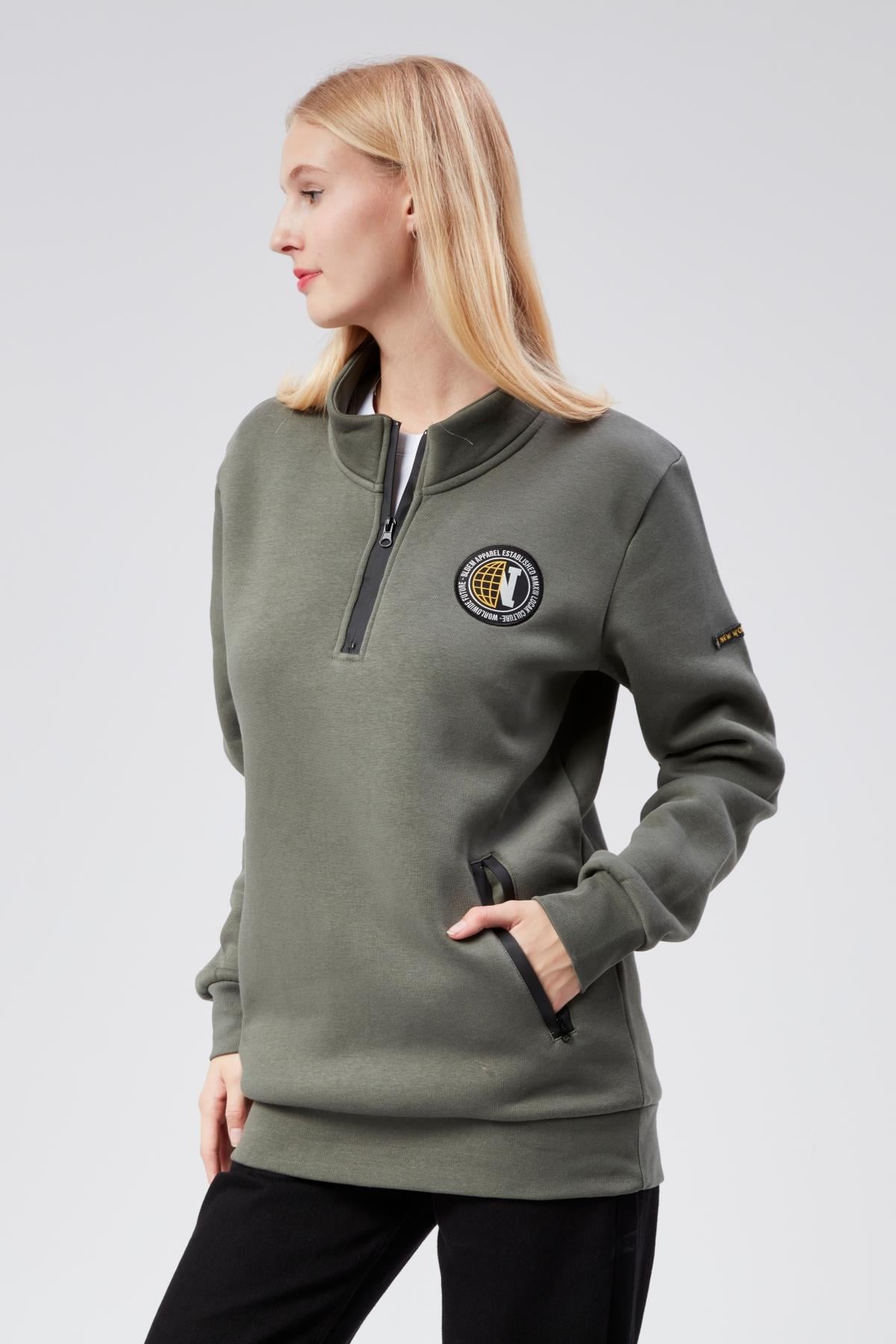 Dik Yaka Kadın Haki Slim Fit Sweatshirt 24FWW64083