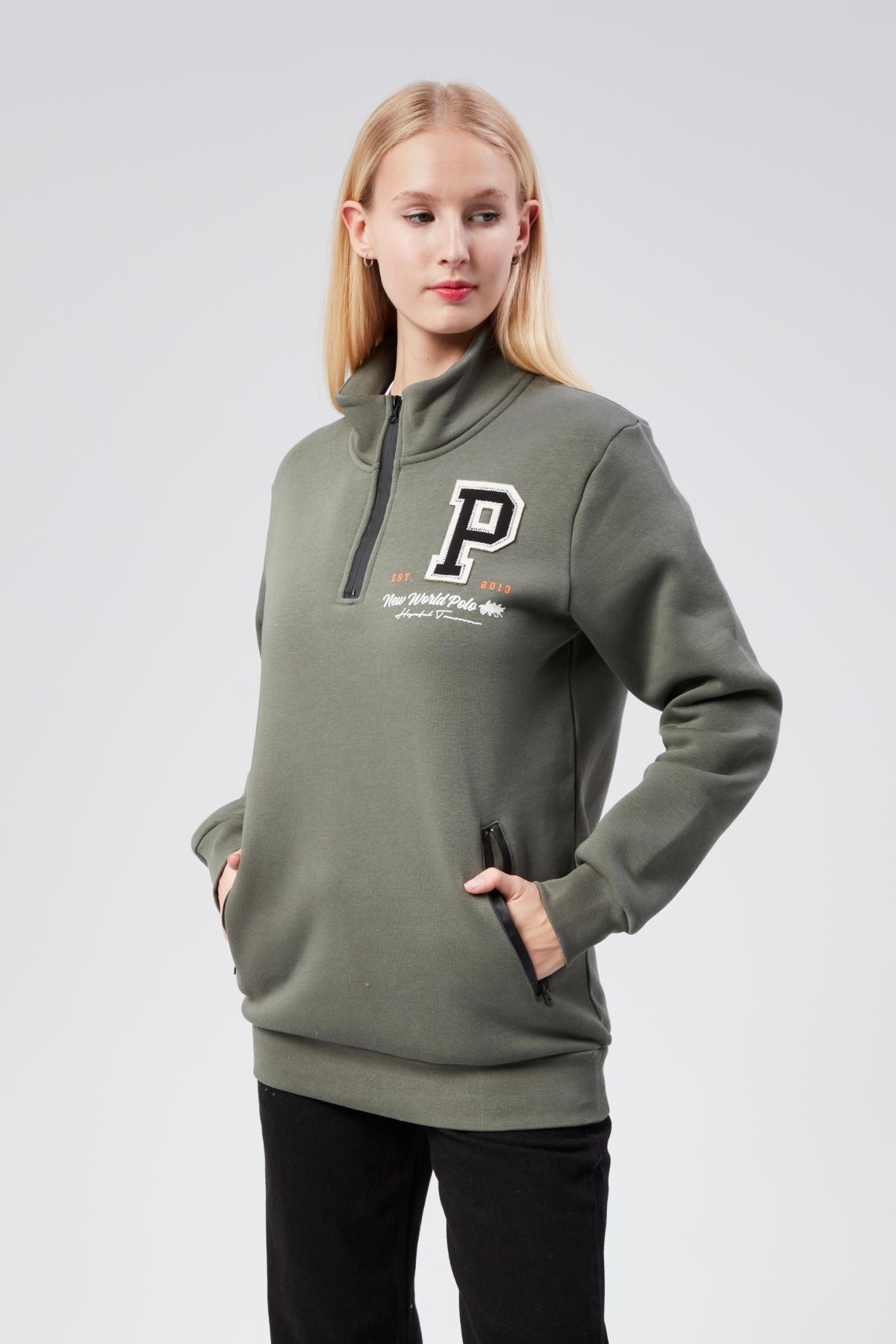 Dik Yaka Kadın Haki Slim Fit Sweatshirt 24FWW64075